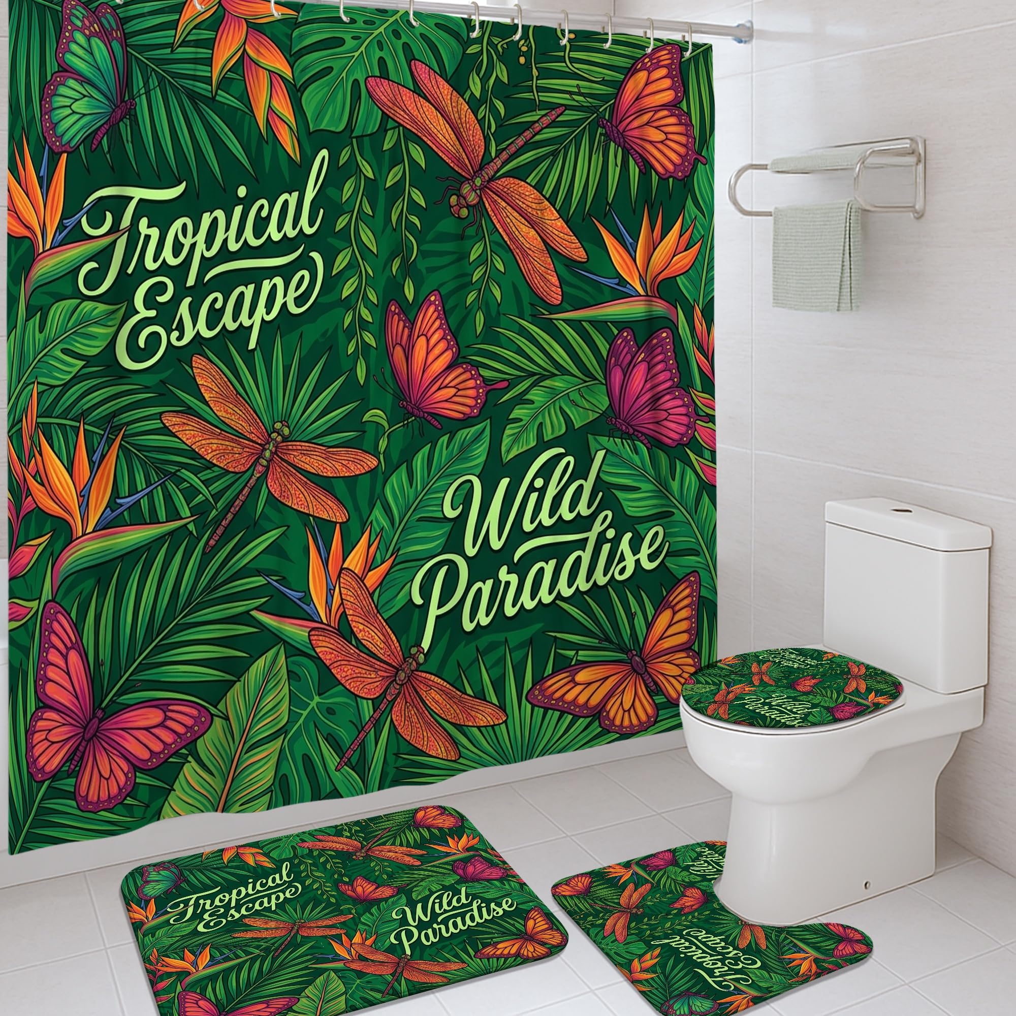Rideau de douche imperméable anti-éclaboussures 183x183 motif tropical feuilles et papillons