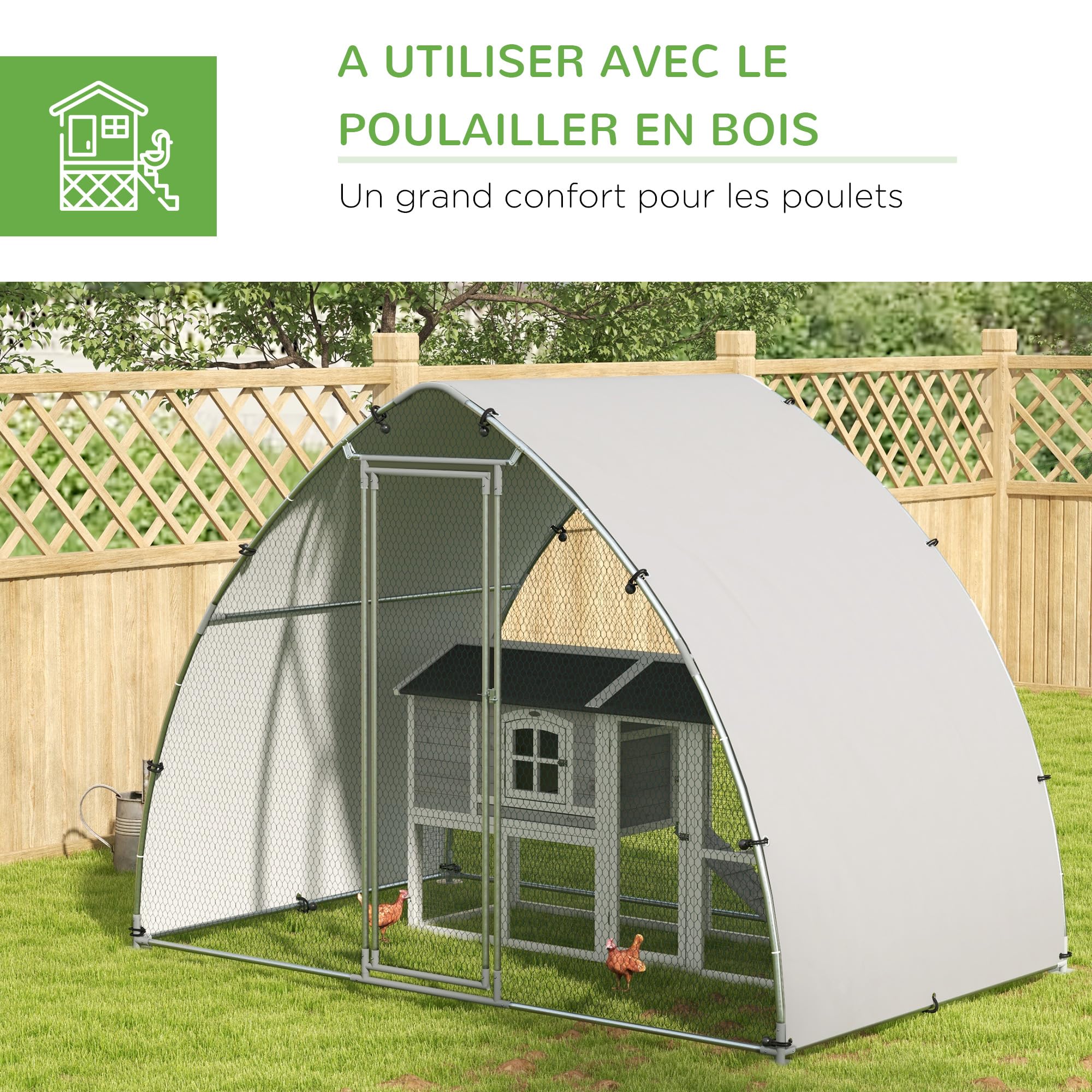 PawHut Grand enclos poulailler 5,75m² Toit Anti-UV Acier galvanisé