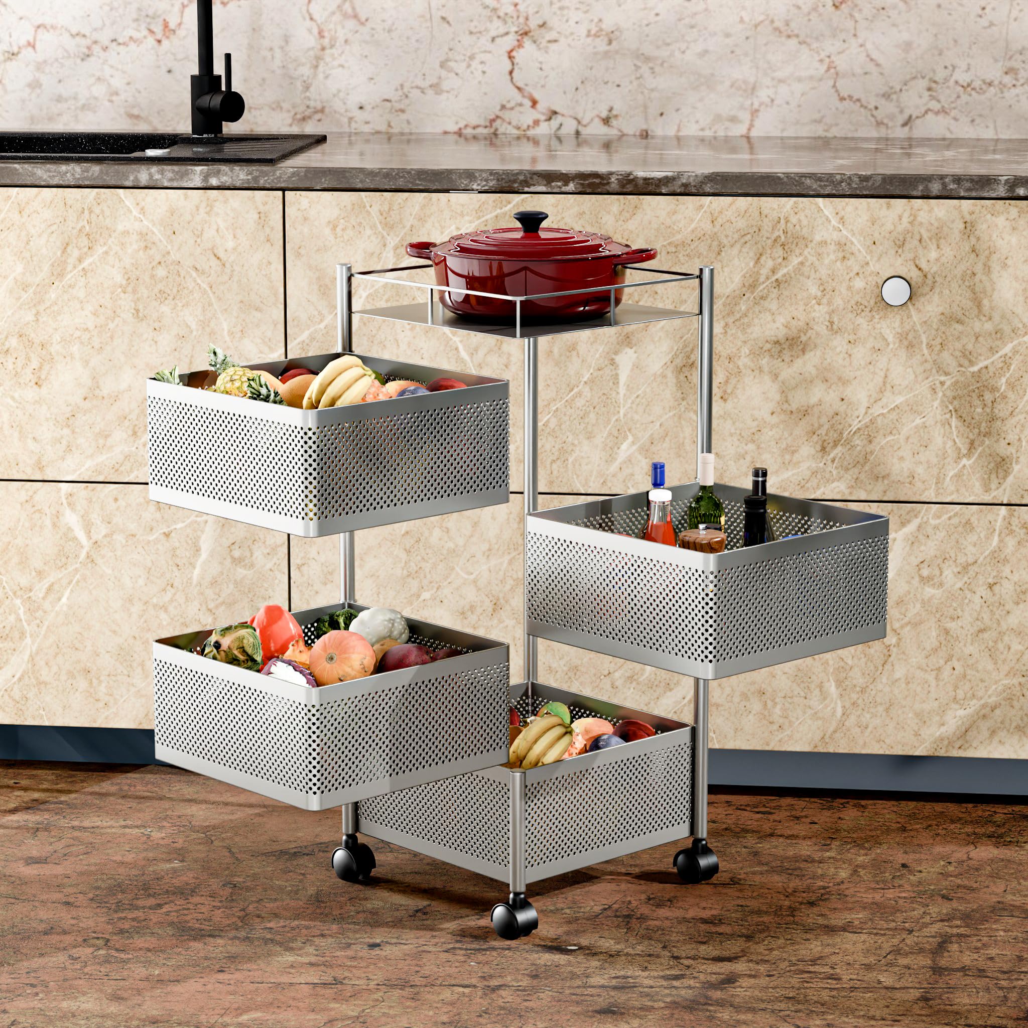 TEX-RO Kitchen Trolley with Wheels | 4-Layer Metal Vegetable Basket Stand & Kitchen Storage Rack | Multipurpose Kitchen Organizer for Onion Potato Storage (Silver Grey)