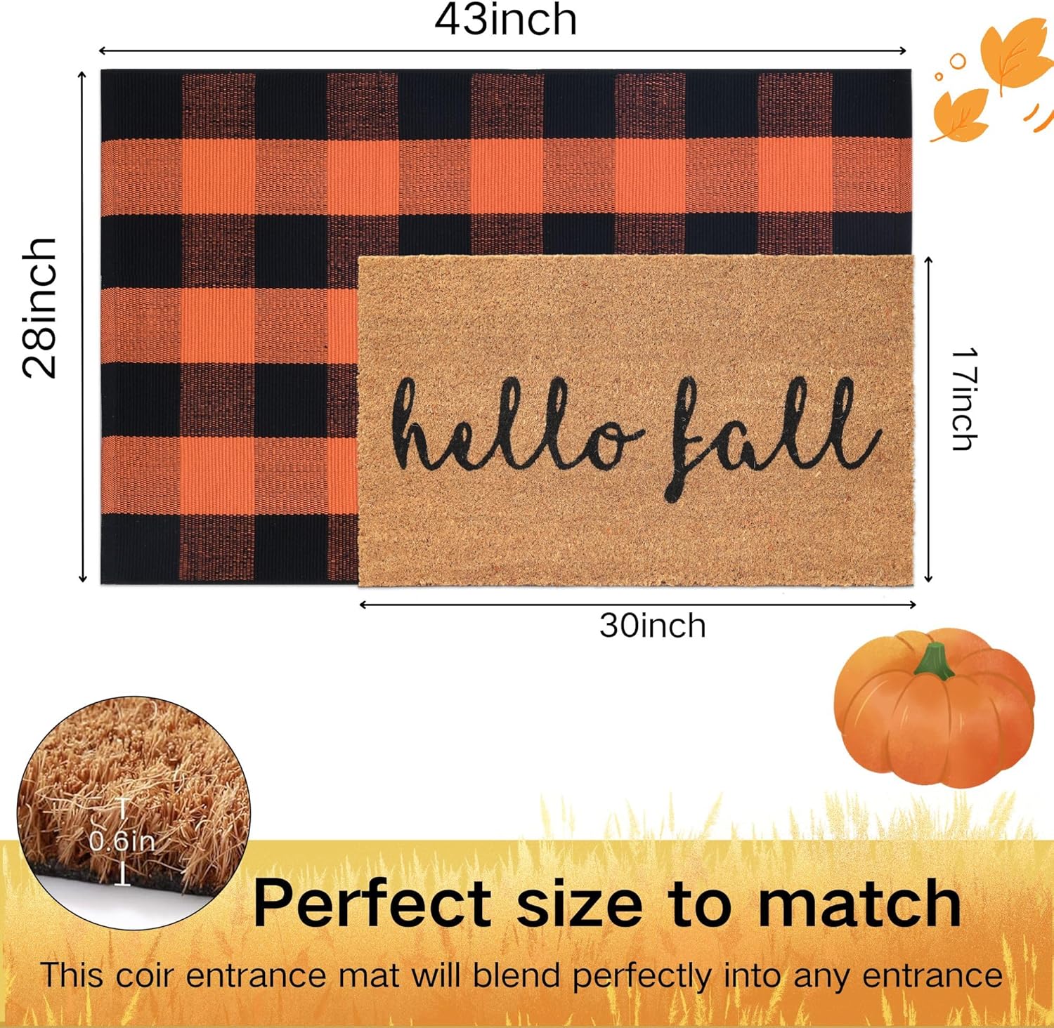 Fall Door Mat Combo Set, Hello Fall Coco Coir Welcome Doormat + 28" x 43" Orange and Black Plaid Rug, Autumn Thanksgiving Front Porch Entryway Decor Floor Mat