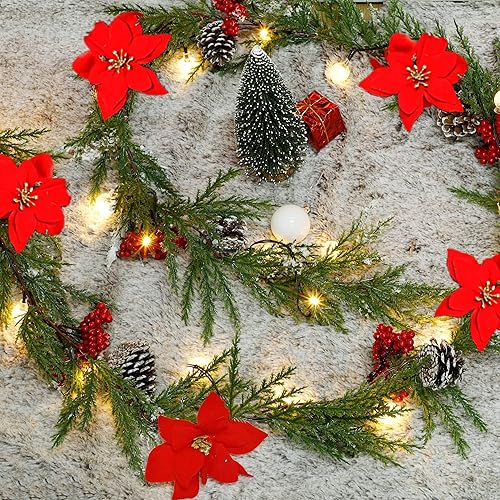 DR.DUDU Guirnalda de Navidad artificial preiluminada de 6 pies con 20 luces LED, funciona con pilas con piñas, bayas rojas, agujas de pino, corona