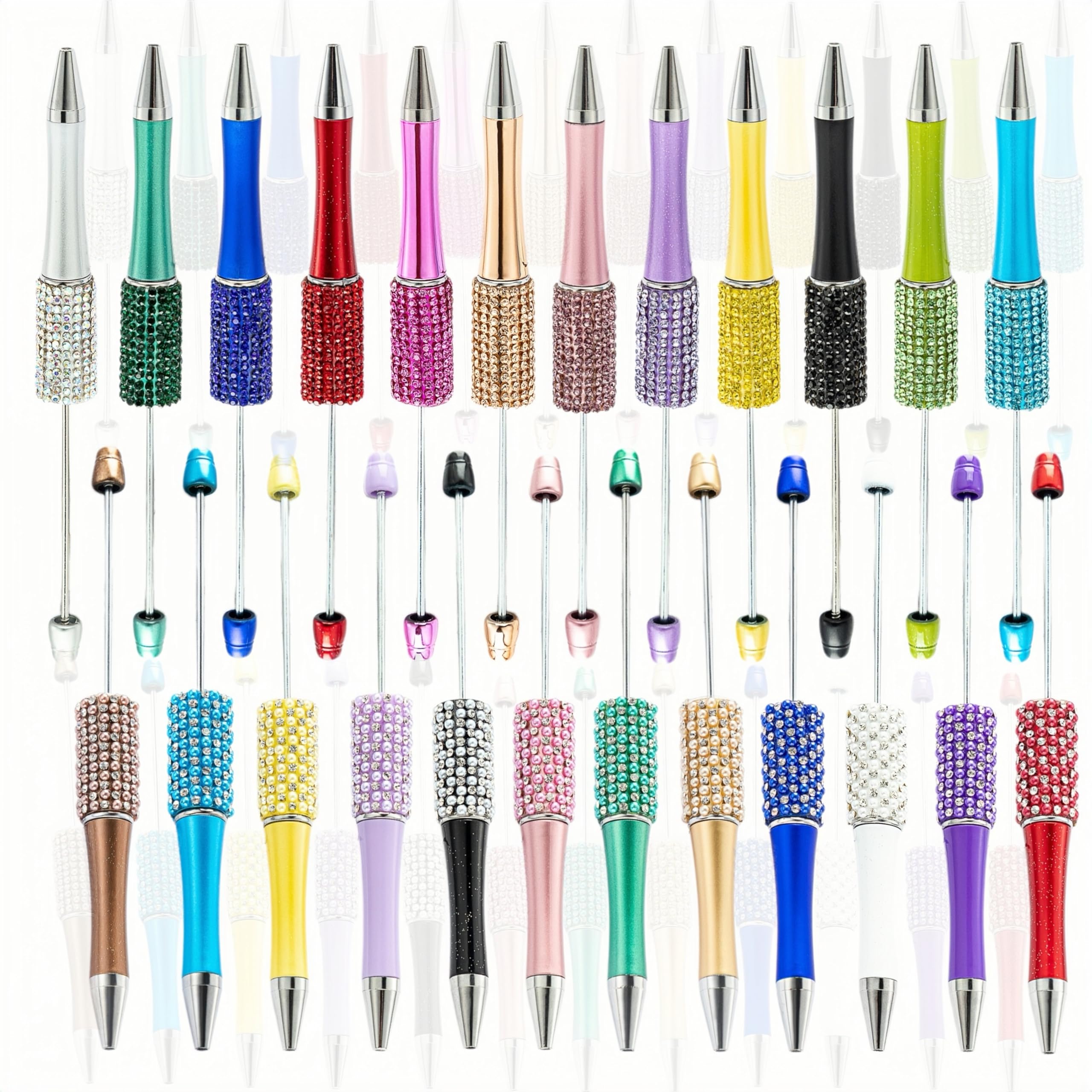 24Pcs Pearl & Diamond Beadable Pens bulk Multicolor Retractable Writing Pens Plastic Black Ink Bead Pens Ballpoint Pens Pen Making Kit DIY Pens