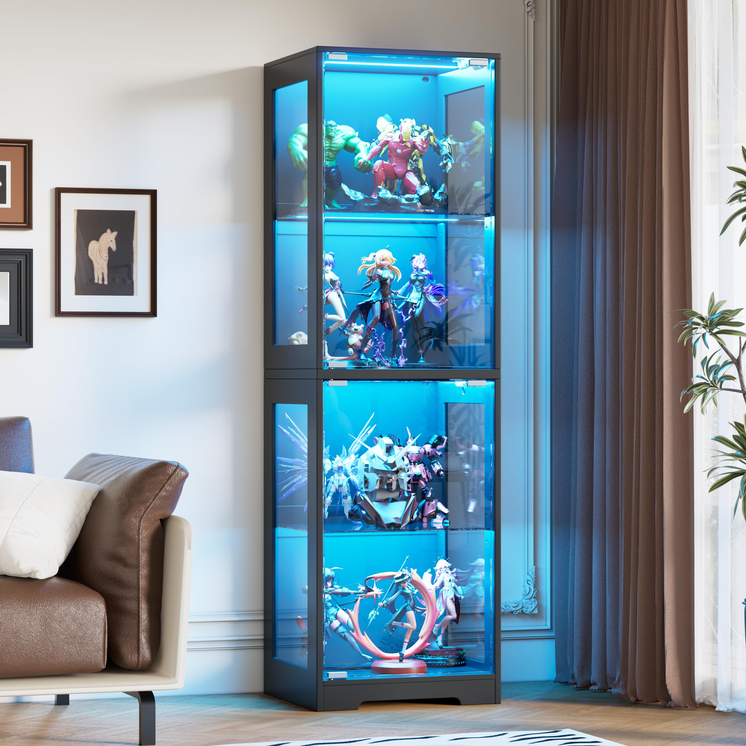 Treesunshine 63" Glass Display Cabinets with LED Lights for Collectibles