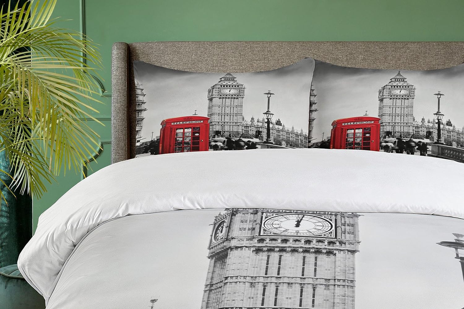 Ambesonne London Duvet Cover Set, Famous Telephone Booth and The Big Ben in England Street View of Town Retro, Decorative 3 Piece Bedding Set with 2 Pillow Shams, Queen Size, Red Grey