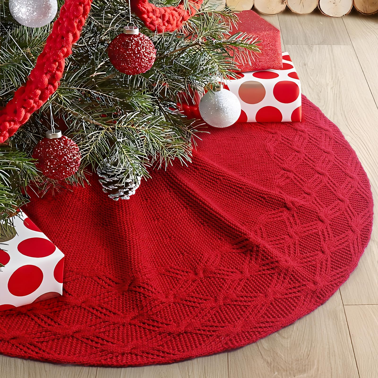 GMOEGEFT 32 Inches Knitted Christmas Tree Skirt, Vintage Knit Xmas Tree Skirt, Rustic Christmas Home Decorations, Red Xmas Tree Holiday Decorations
