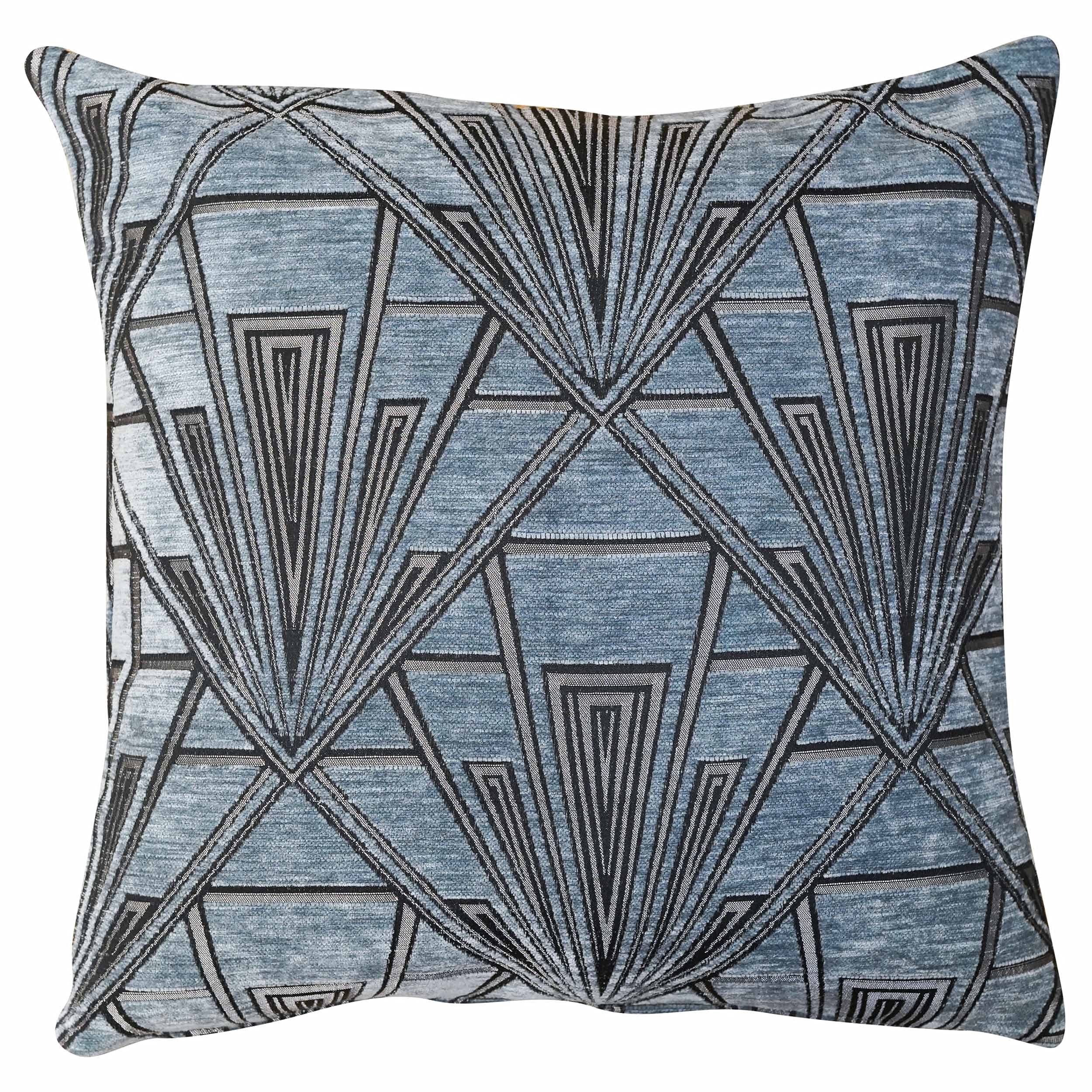 Linen Loft Art Deco Geometric Cushion Cover. Steel Blue and Silver Vintage Design. Luxury Velvet Chenille. 17x17 Square. Cover Only.