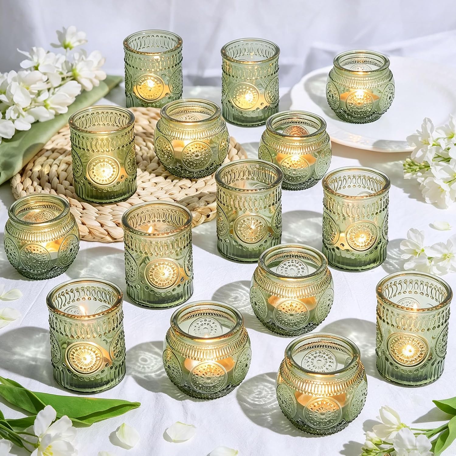 12Pcs Embossed Glass Votive Candle Holders Set, Thickened Candle Cups,Green