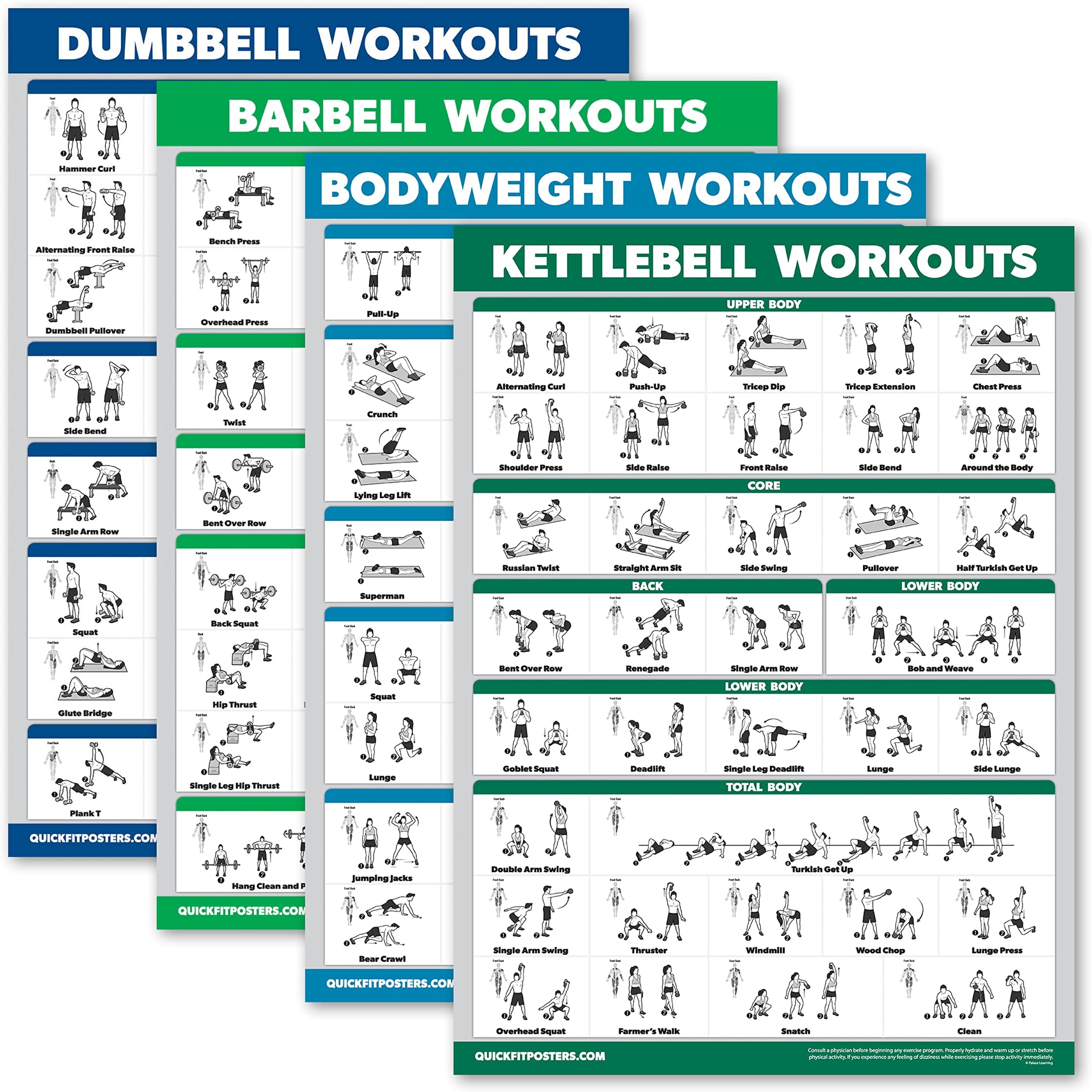 4 Pack - Dumbbell Workouts + Barbell Workouts + Bodyweight Workouts + Kettlebell - Set of 4 Workout Charts