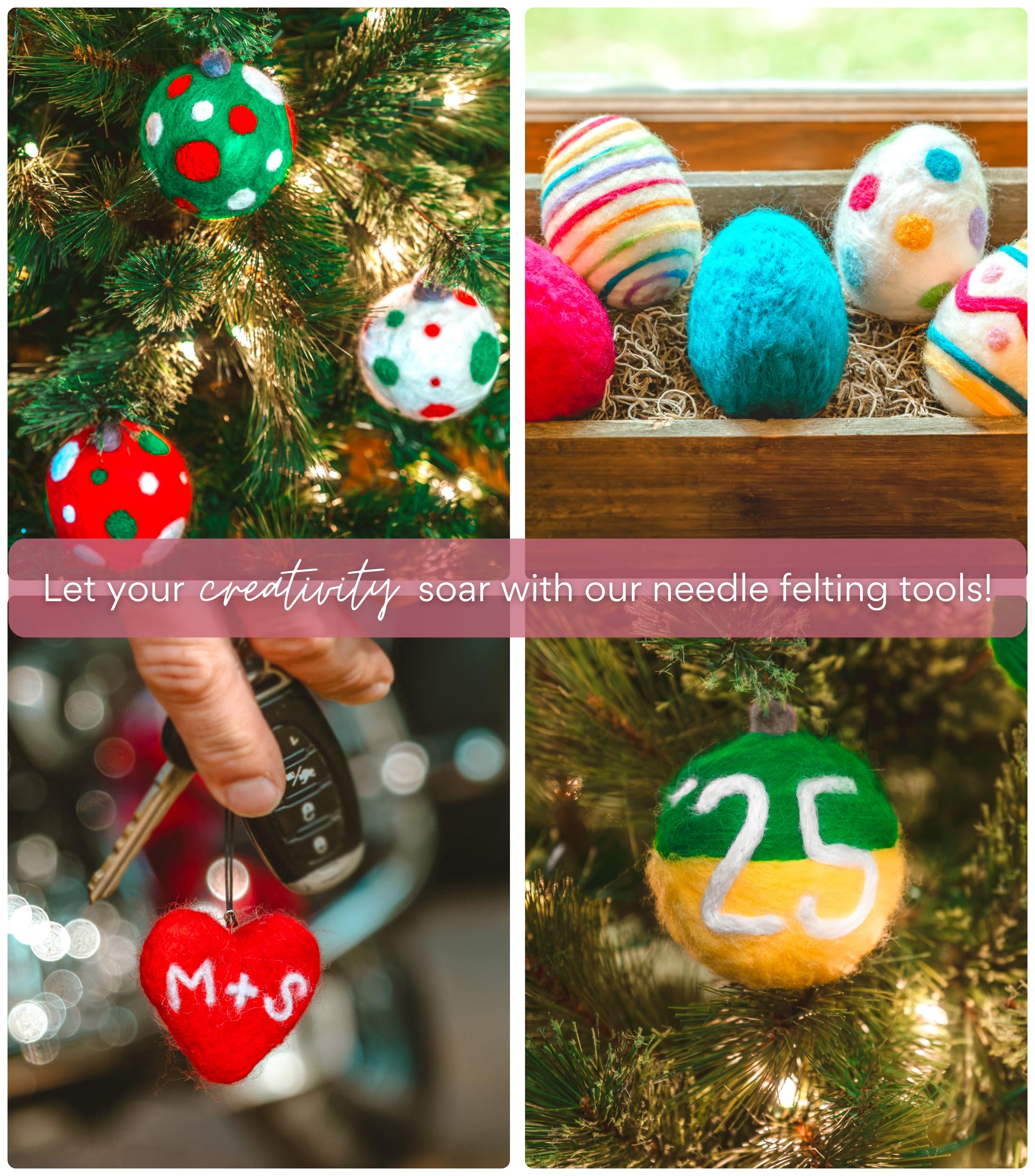 Needle Felting Kit w/ 3 Styrofoam Balls & 3 Eggs - Needle Felting Kit Beginner - Needle Felting Wool Roving 40 5g Colors - Felting Kits for Beginners Adult Craft Kits Ornaments Pumpkins Keyfob Gifts