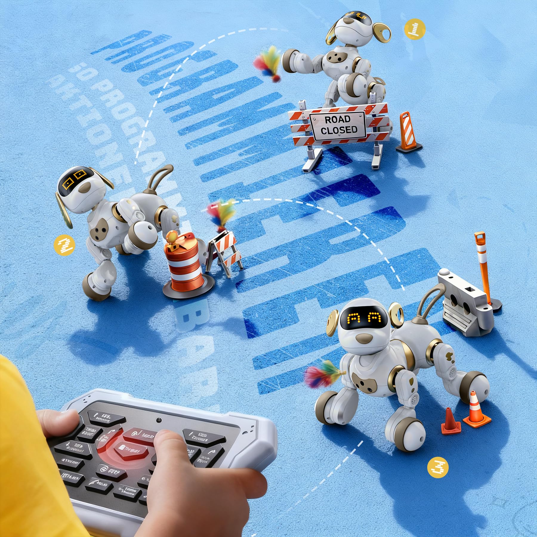 Ruko 18011 Intelligenter Roboter Hund, Interaktiver Spielzeughund mit 30 LED-Ausdrücken, 20 Aktionen & 50 programmierbaren Befehlen, Berührungssteuerung Roboter Kinder, ab 3 Jahren, Weiß-Gold