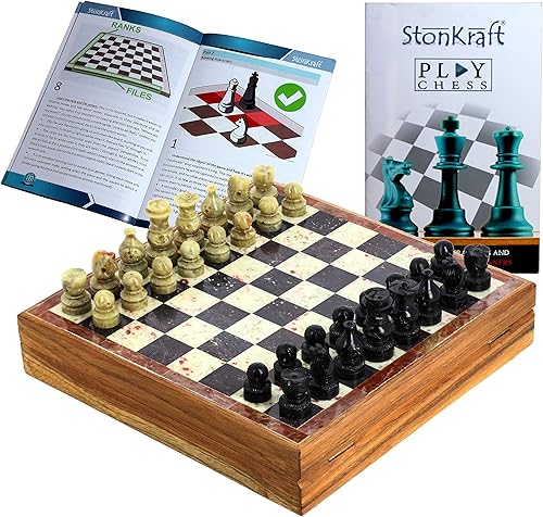 StonKraft - Tablero de ajedrez de 8 "x 8" con base de madera con incrustaciones de piedra y juego de piezas de piedra
