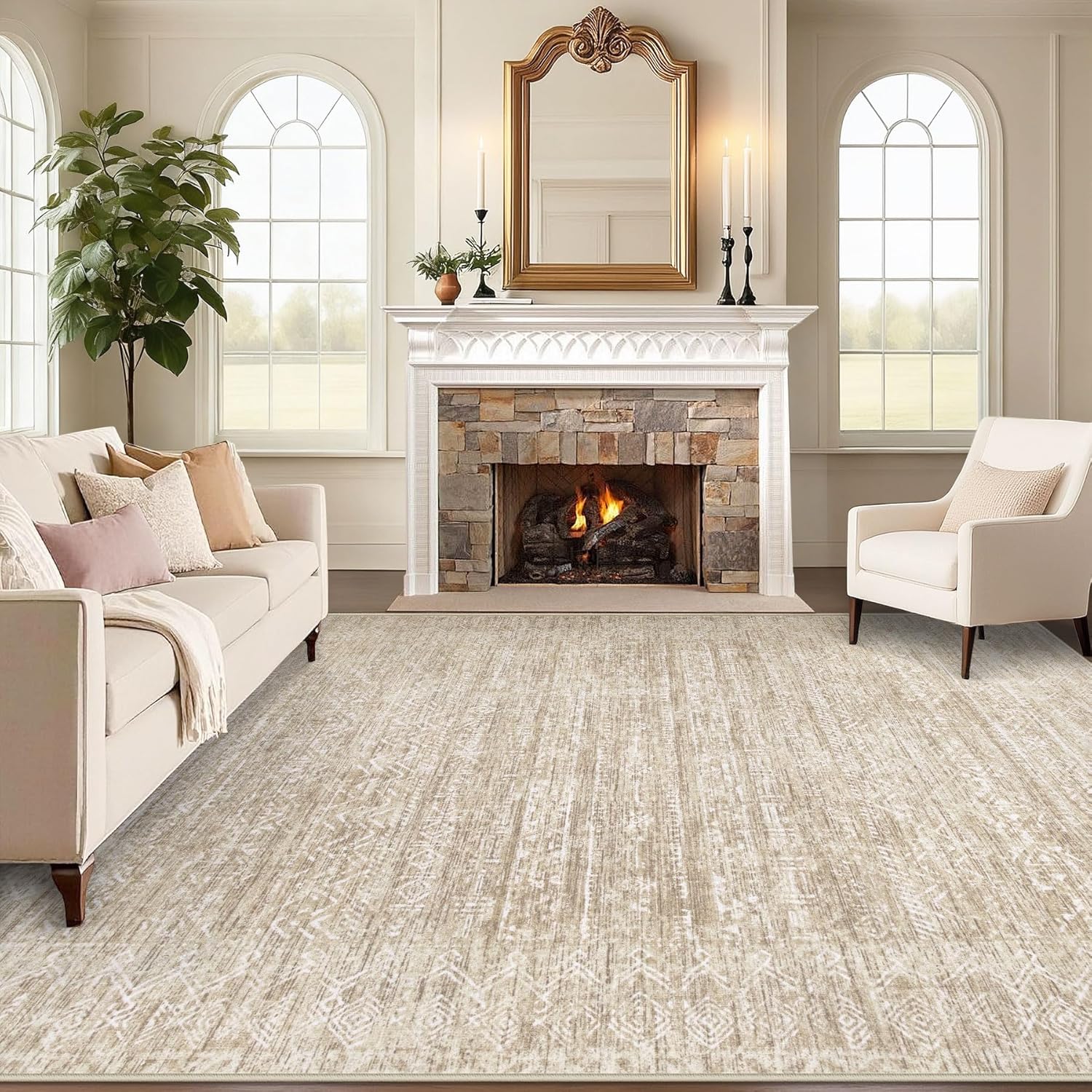 Washable Rug 9x12 Area Rugs: Modern Geometric Rugs for Living Room Non Slip Soft Low Pile Moroccan Indoor Carpet for Bedroom Nursery Dining Room Home Office (Beige, 9'x12') Beige 9' x 12' (Rectangular)