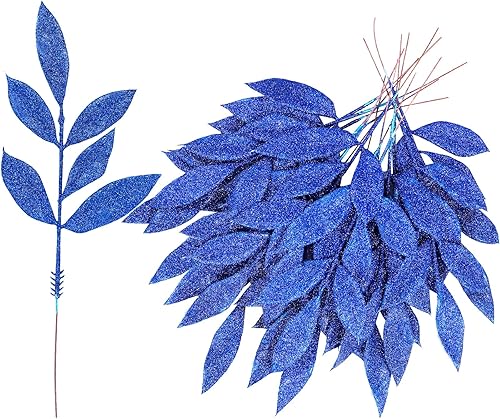 Miniatura 2 de Winlyn 40 piezas de aerosoles de hojas de laurel con purpurina azul artificial para árbol de Navidad de 12.7 pulgadas de alto para árbol de Navidad
