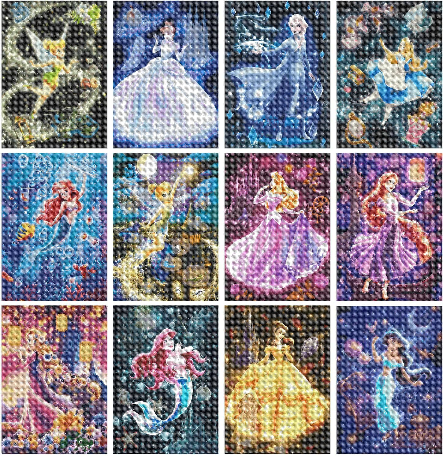 ARPADAMO 12 Pack Princess Diamond Art,5D Princess Diamond Art Kits for Adults,DIY Full Drill Diamond Painting Kit,Home Wall Decor Diamond Painting(12x16 Inch)