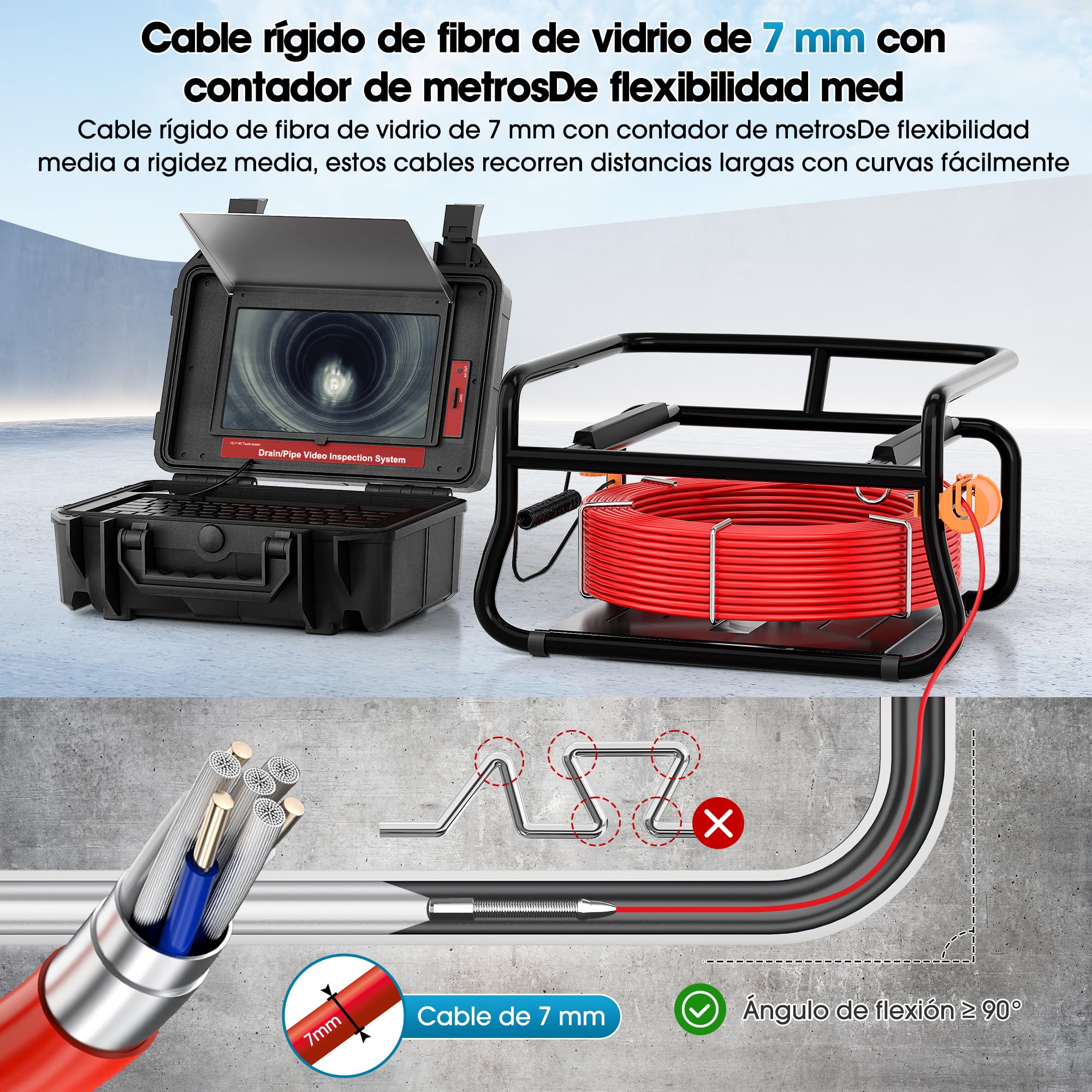 Camara Inspeccion Tuberias con Localizador de 512 Hz, Pantalla Táctil de 10.1 Pulgadas 1080P, Camara Tuberias con Autonivelación y Transmisor, Cámara de Inspección con Grabador de Audio