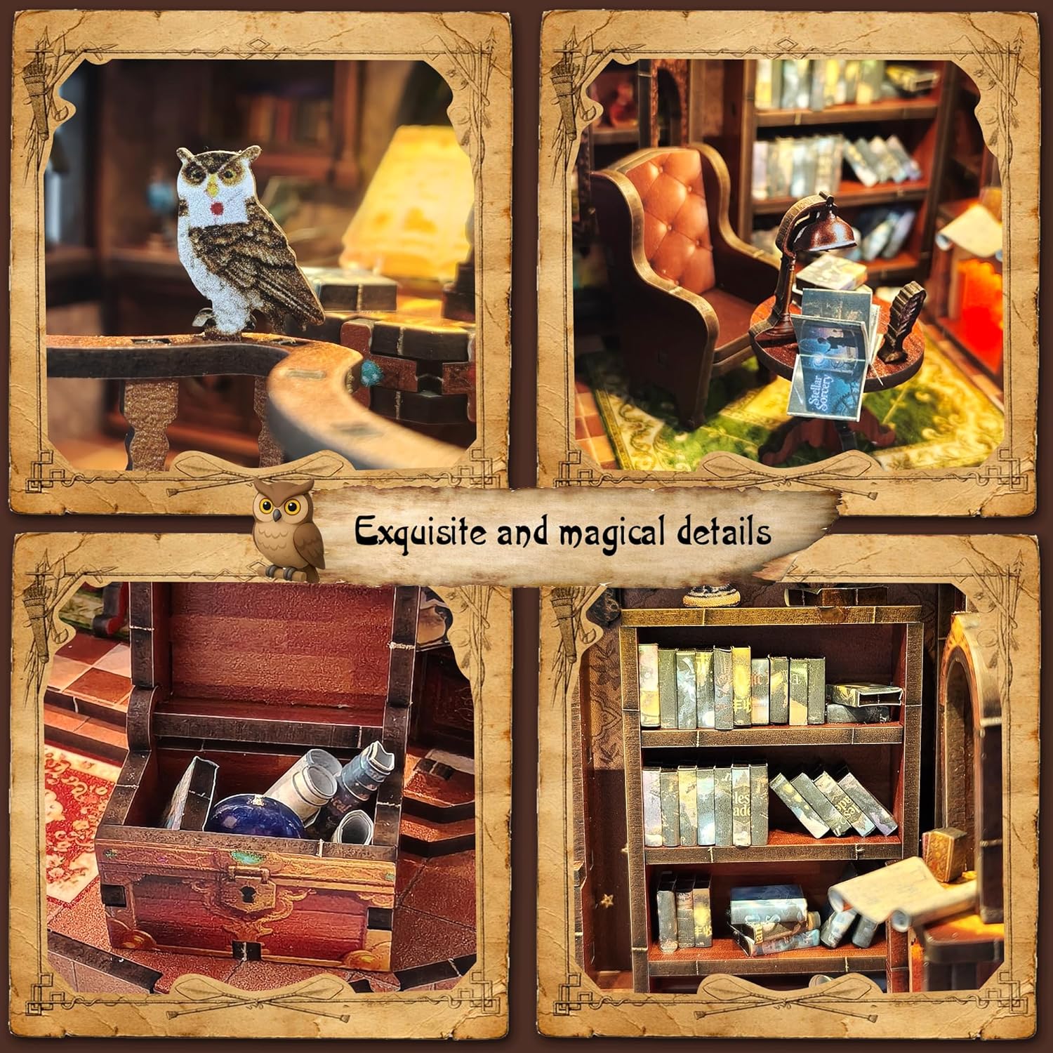 Soothee DIY Book Nook Kit | Miniature House Kit with LED Lights | 3D Wooden Puzzles for Adults & Teens | Creative Model Building Kit | Unique Bookshelf Decor & Gift for Craft Lovers | Owl Library