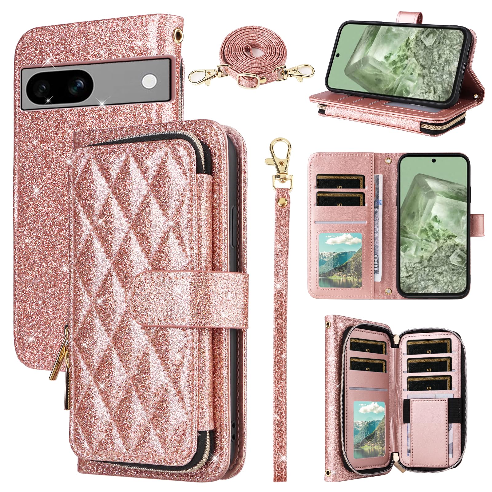 Furill Wallet Case for Google Pixel 7 with Wrist Strap Crossbody Shoulder Strap PU Leather Stand Cell Phone Cover with 9 Card Slots Zipper Purse for