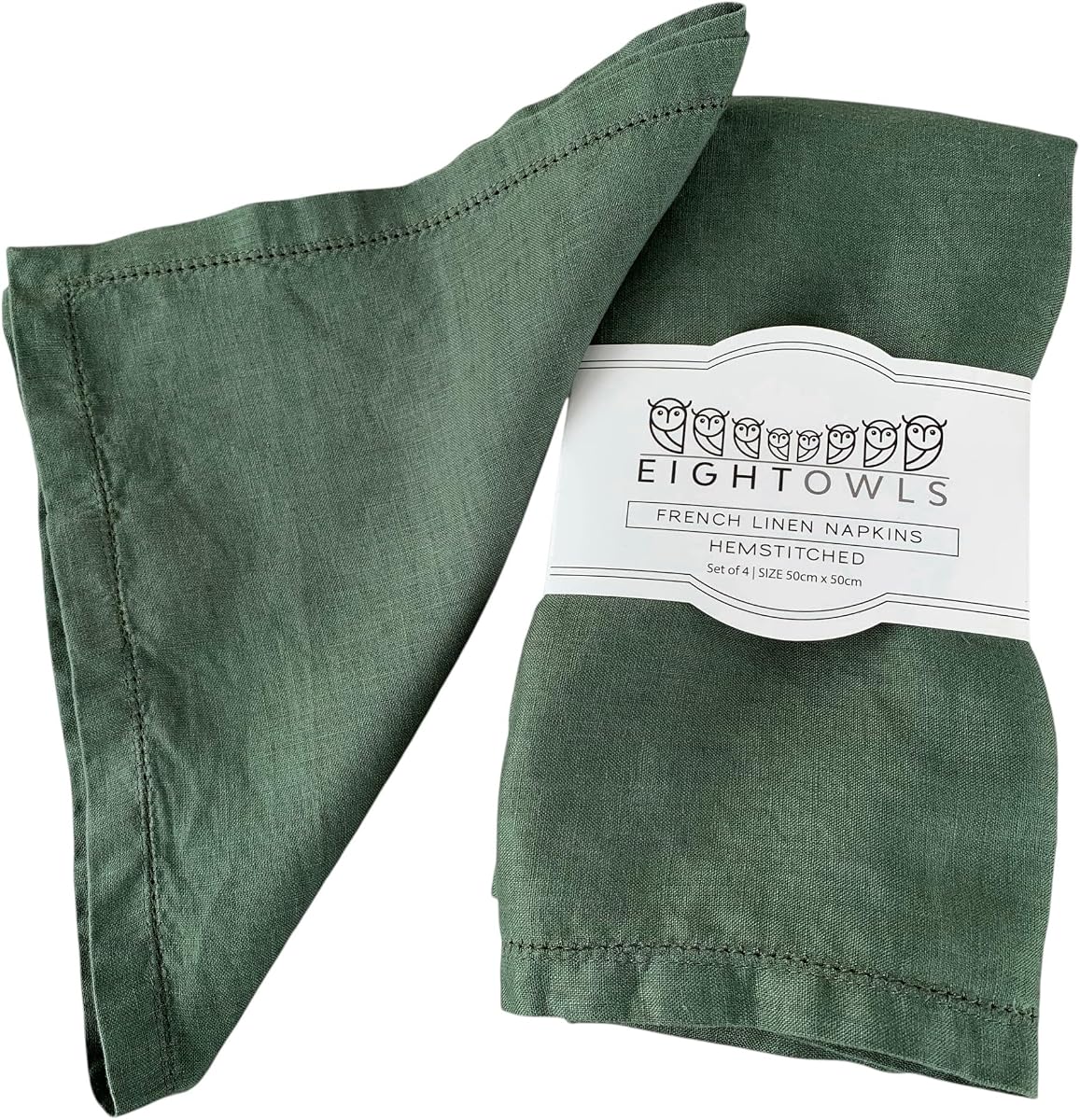 Servilletas de lino con vainica – 20 pulgadas x 20 pulgadas – Servilletas de tela de lino puro lavadas a la piedra con esquinas ingletadas – 100% lino francés – Lavable a máquina – Juego de 4 (verde rústico suave)