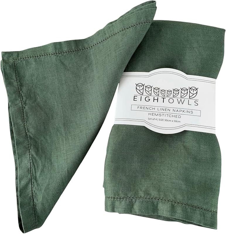 Servilletas de lino con vainica – 20 pulgadas x 20 pulgadas – Servilletas de tela de lino puro lavadas a la piedra con esquinas ingletadas – 100% lino francés – Lavable a máquina – Juego de 4 (verde rústico suave)