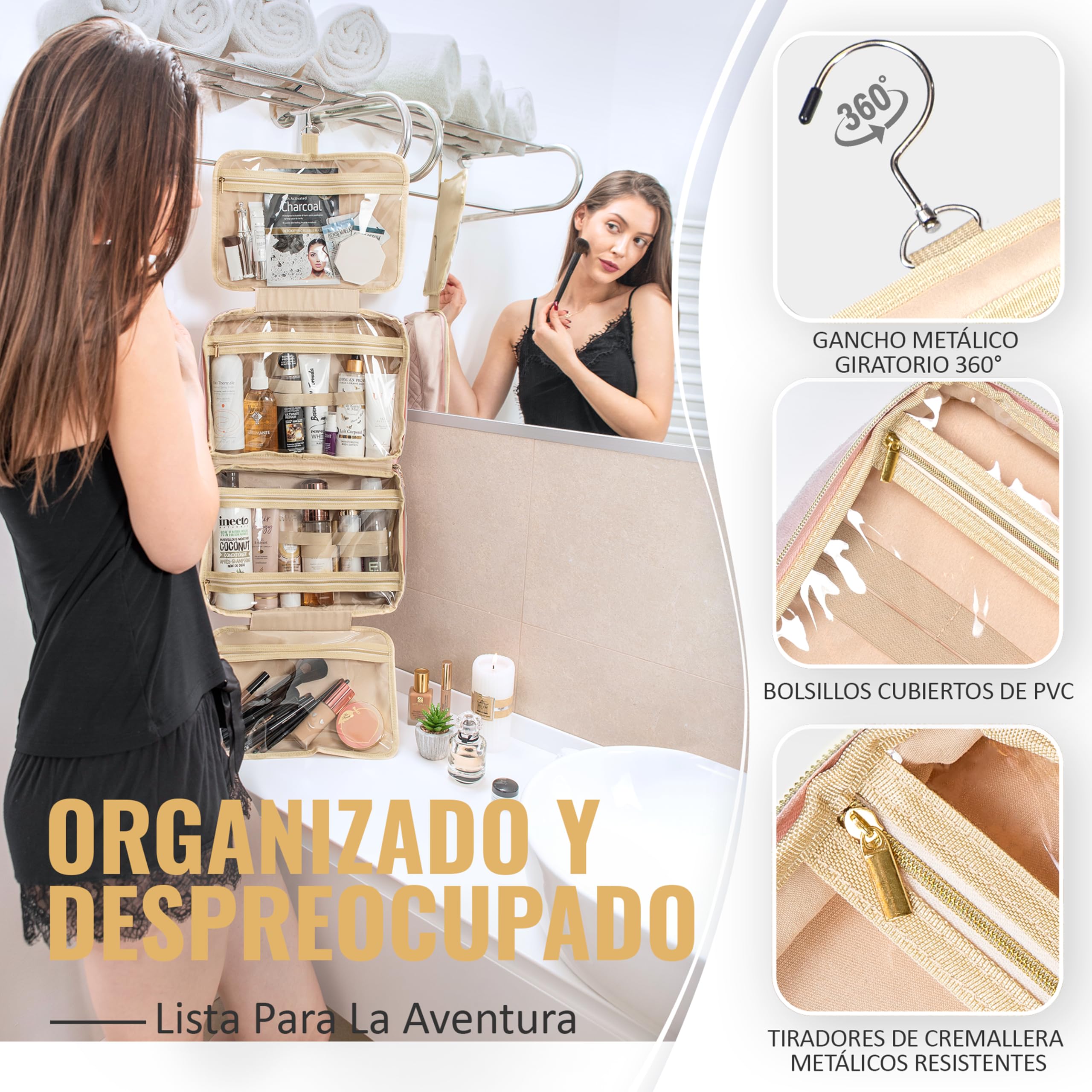 BOACAY Neceser Grande para Mujer y Niña, Bolsa de Aseo Colgante, Bolso Baño y Viaje, Organizador de Maquillaje, Kit para Cosméticos, Accesorios