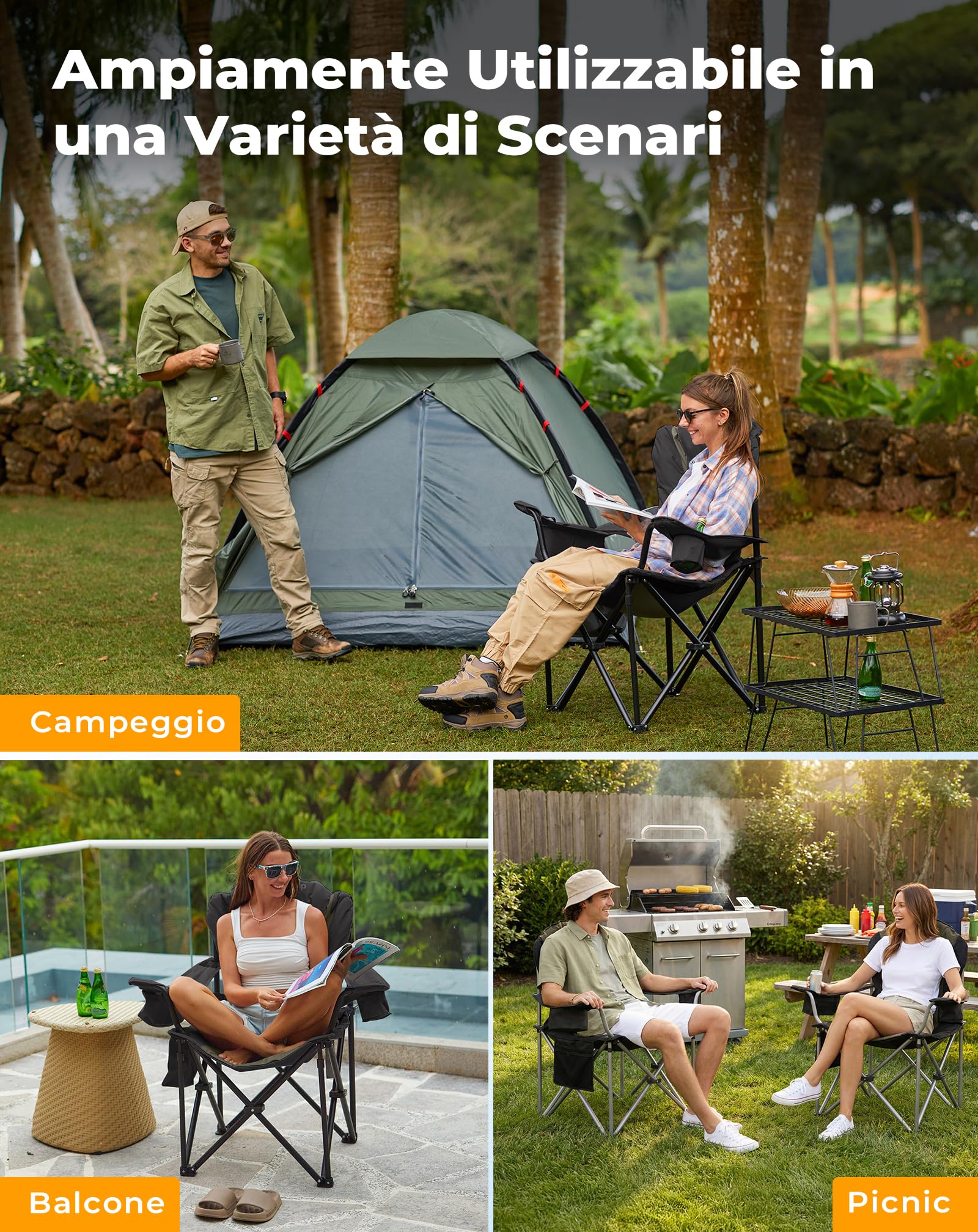 KingCamp Sedia Campeggio Pieghevole Ergonomica Imbottita XXL 250 kg | Sedia con Supporto Lombare Regolabile, Borsa Termica e Braccioli per Camping Giardino Pesca Spiaggia e Festival
