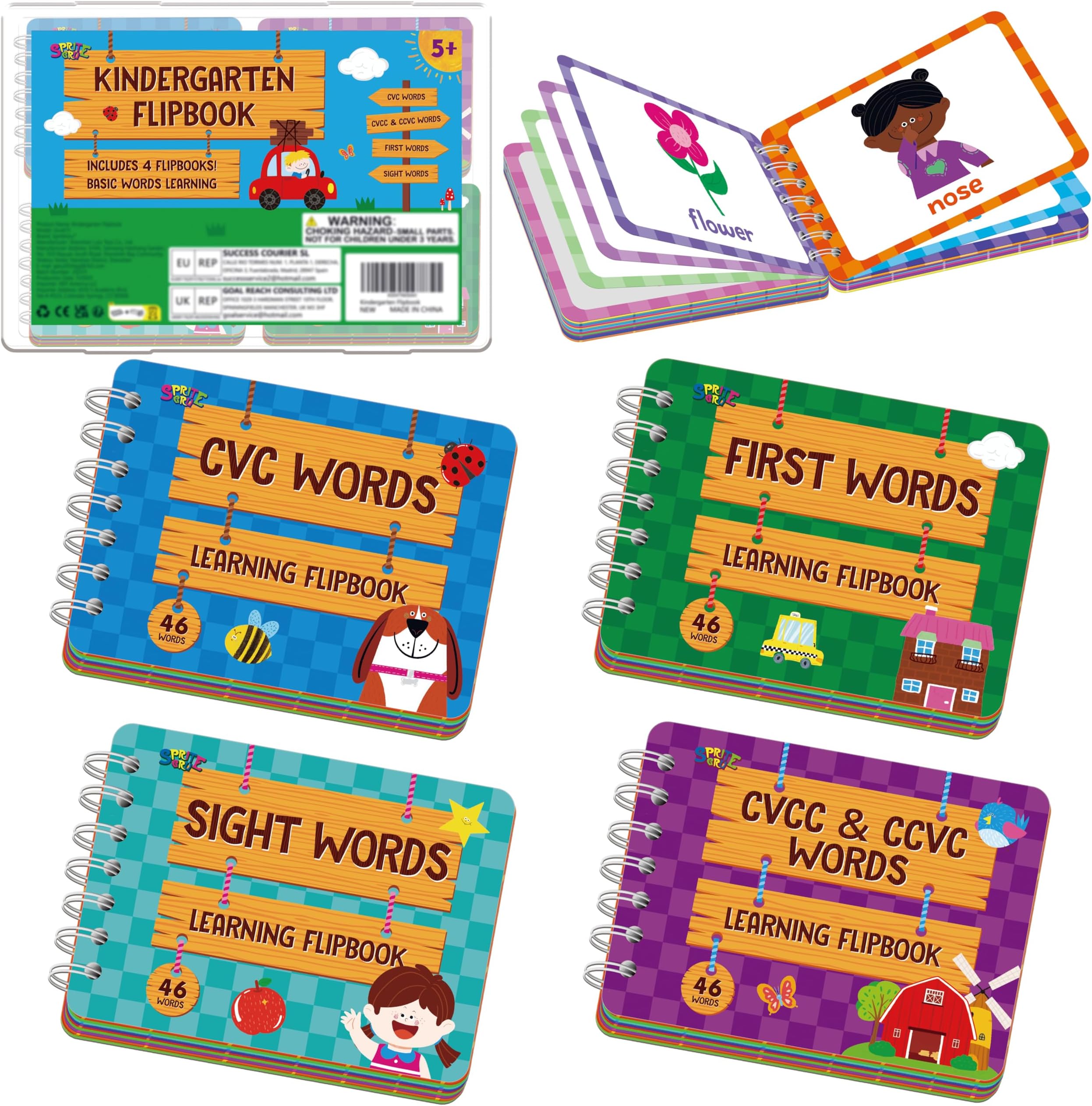 4 Kindergarten Learning Flipbooks, Double-Sided Mini Book Set - CVC, CVCC&CCVC, Sight Words & First Words, Early Educational Language Learning Tool for Kids