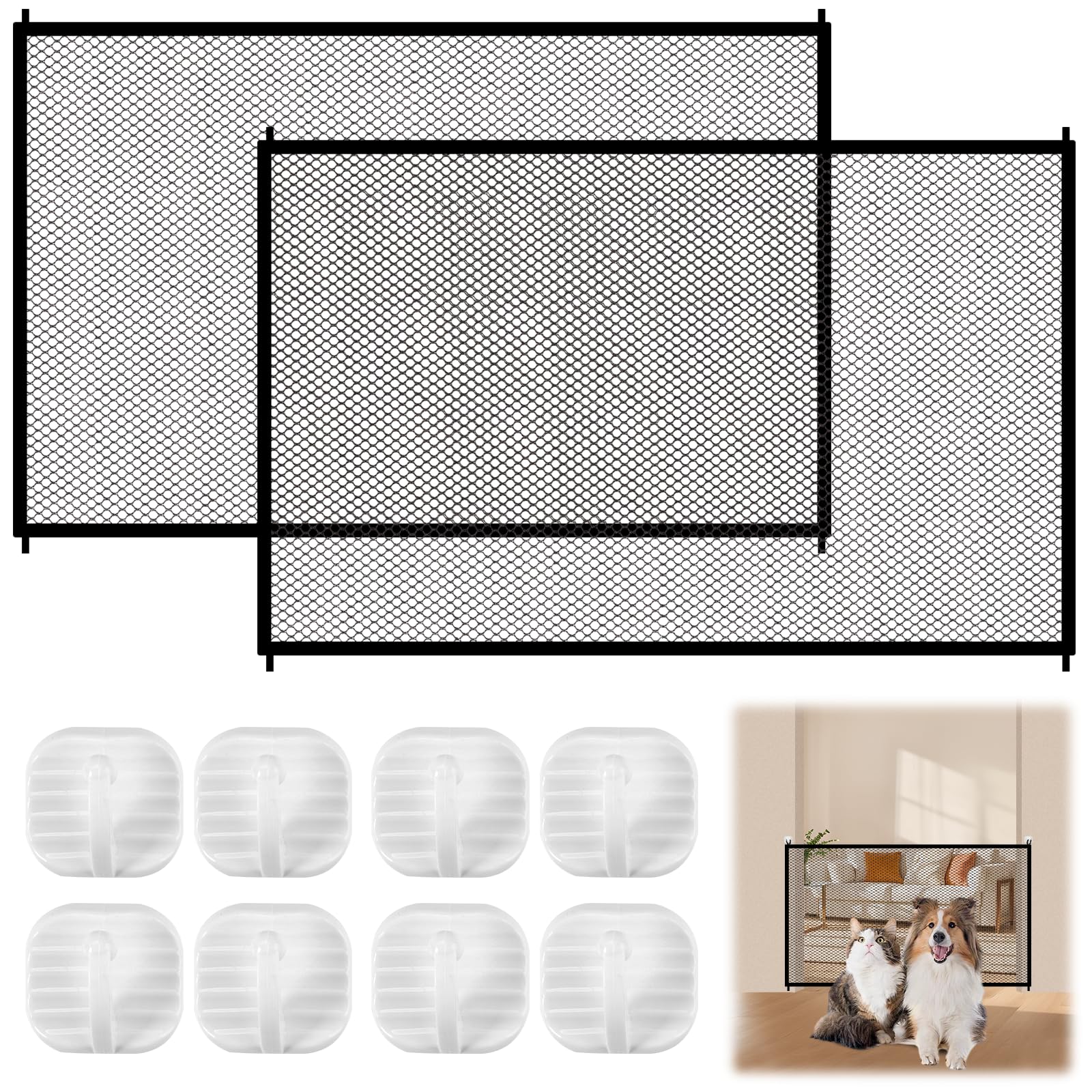 2 Stück Türgitter Katze 110x72 cm Türschutzgitter Ohne Bohren Katze, Hundetürgitter mit 8 Klebehaken, Treppenschutzgitter Hund Hundebarrieren, Türgitter für Hunde Katzen für Treppen, Korridore, Küchen