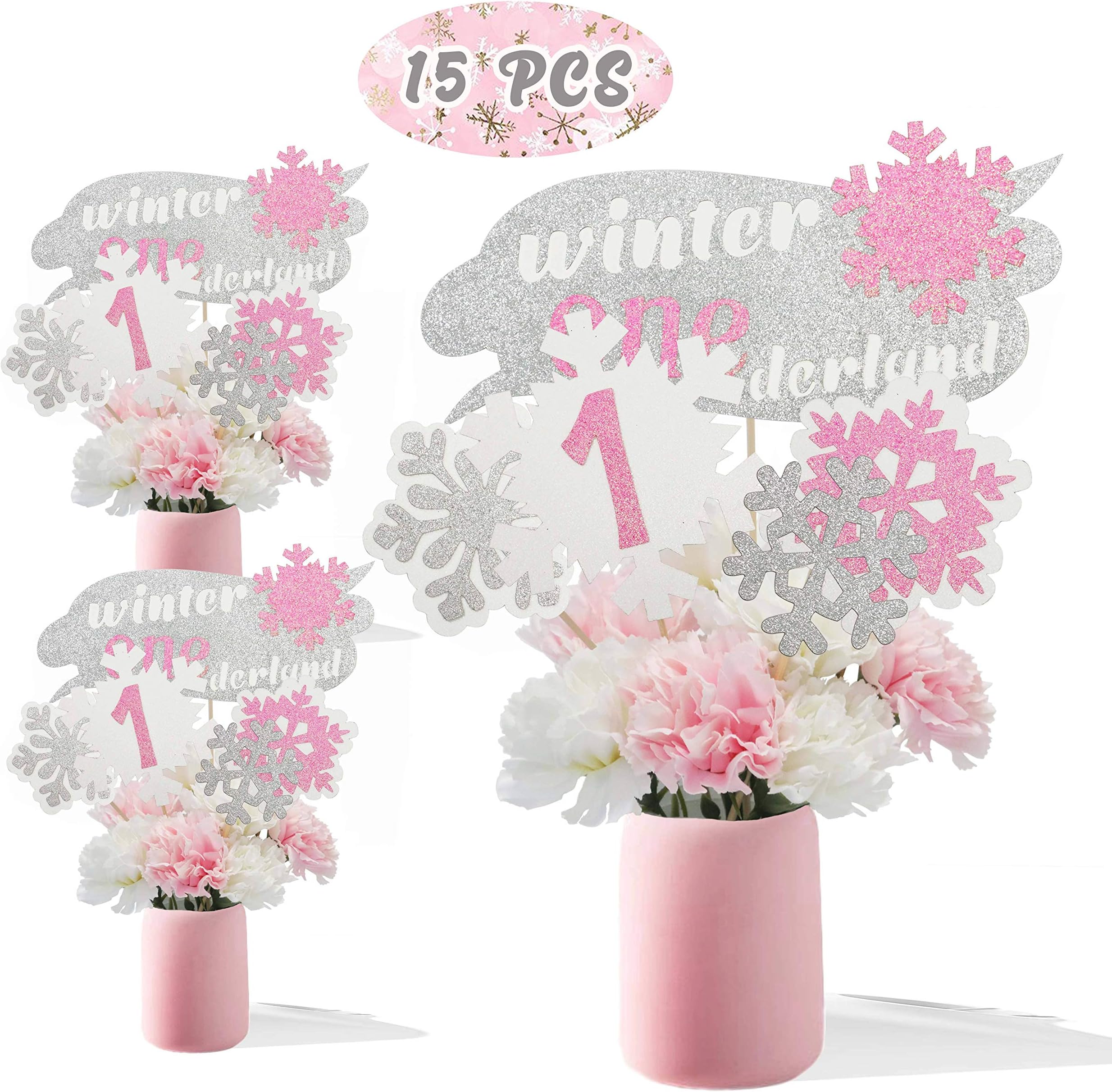 Pink Winter Onederland Centerpieces Snowflakes One Winter Wonderland Table Toppers Winter First Birthday Party Decorations Baby Girls 1st Birthday- set of 15