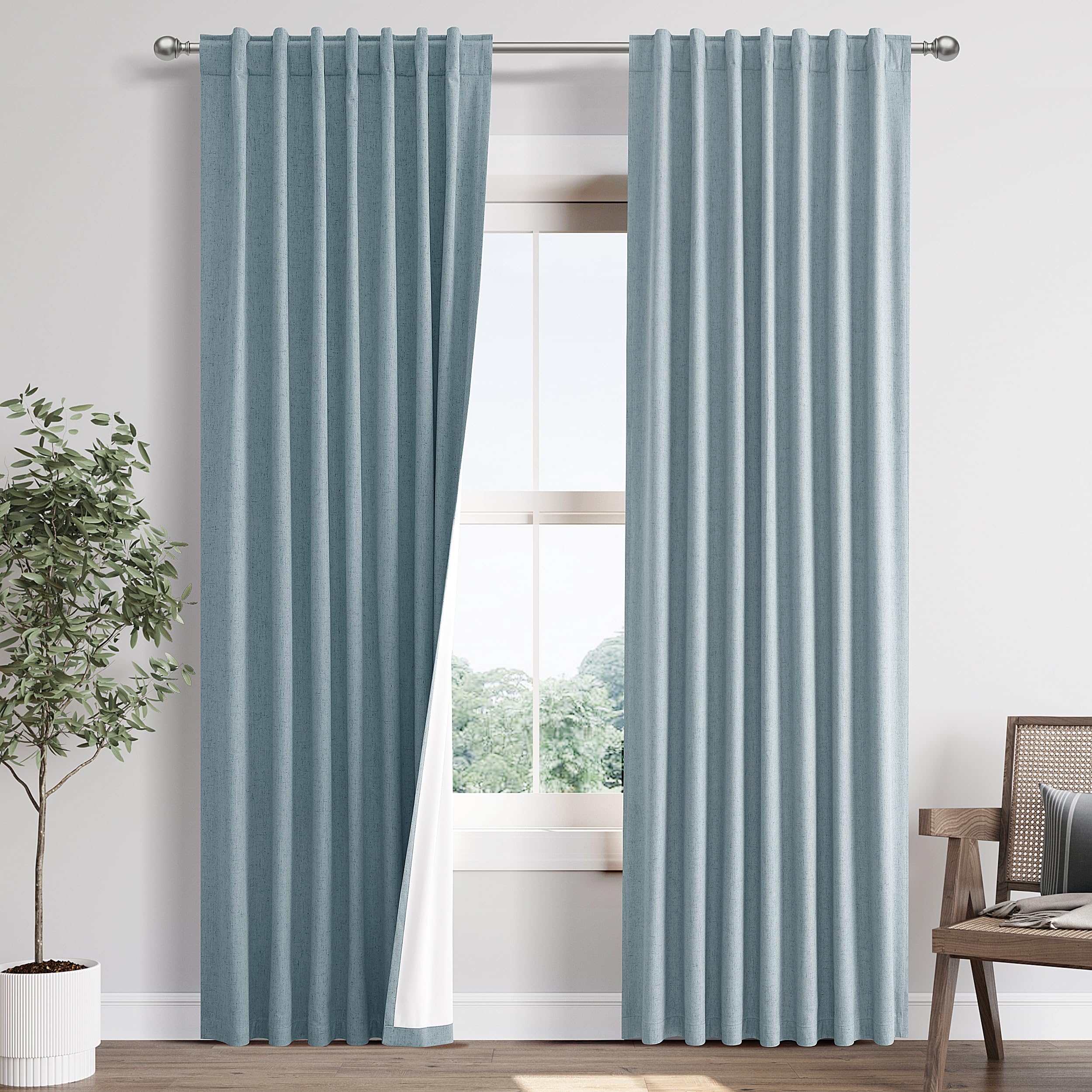 Joywell Linen Blue Full Blackout Curtains 96 Inch Long 2 Panels Set for Bedroom Living Room Nursery,Back Tab Rod Pocket Room Darkening Thermal