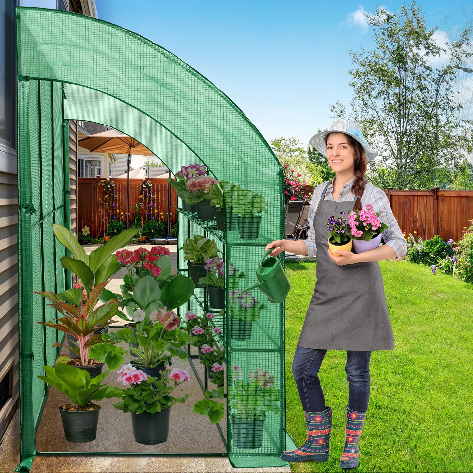 EAGLE PEAK 10' x 5’ x 7’ Outdoor Lean to Walk-in Greenhouse with Shelf, Gardening Wall Mounted Green House with Roll-up Zipper Entry Doors, Green
