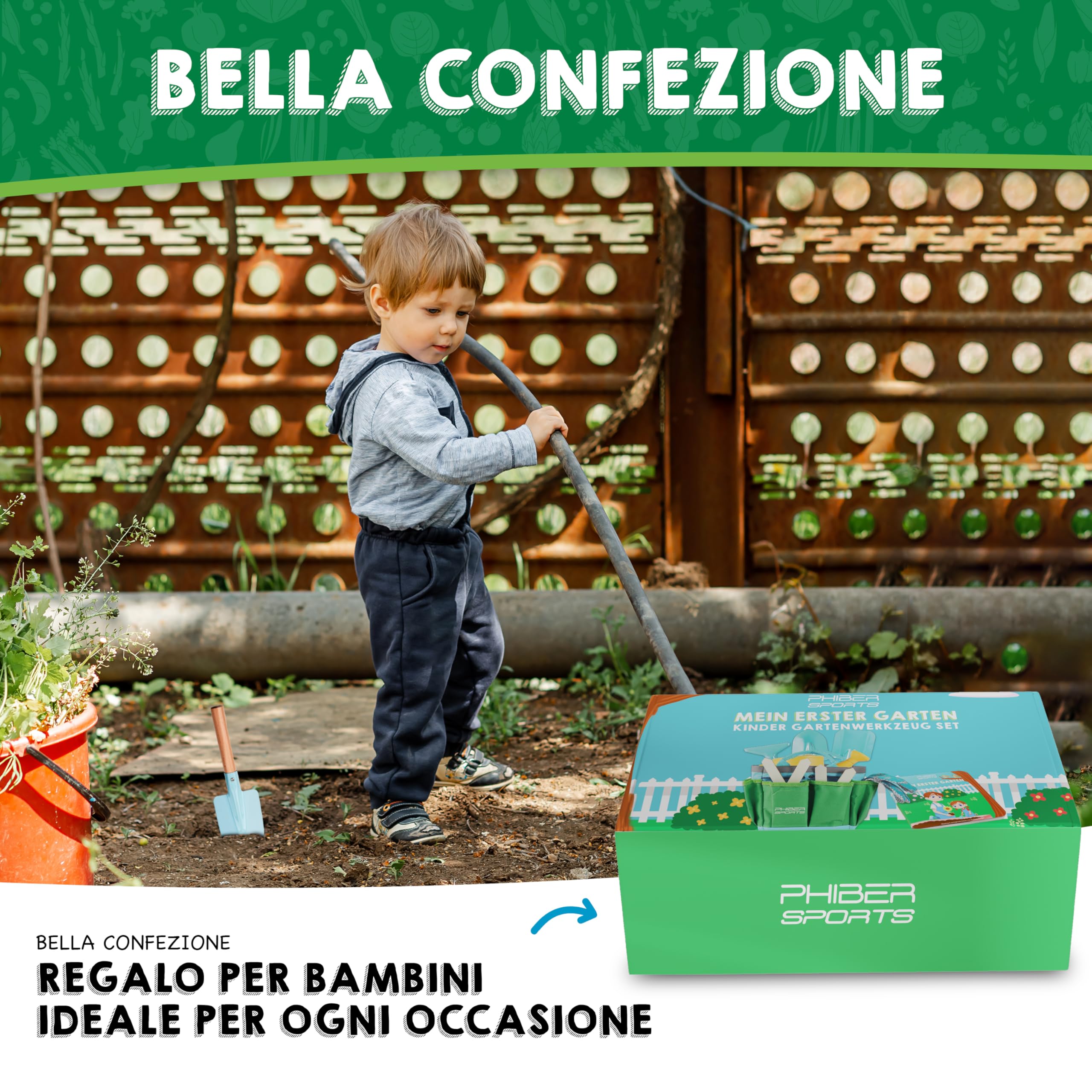 PHIBER-SPORTS Set di Attrezzi da Giardino per Bambini (11 Pezzi) - Attrezzi da Giardinaggio per Bambini dai 3 Anni in su - Strumenti in Metallo, annaffiatoio, Guanti da Giardinaggio, Borsa