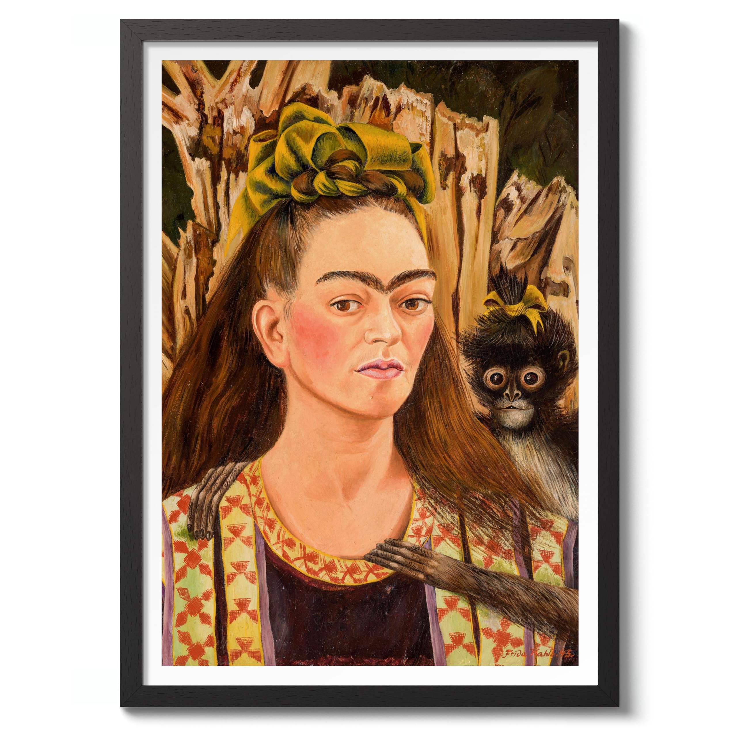 Self-Portrait With Monkey Frida Kahlo Poster, Classic Art Painting Print, Art Exhibition Neutral Wall Art, Vintage Minimalist Home Decor Picture, A2 (Black Frame) - 62.5x45.1cm