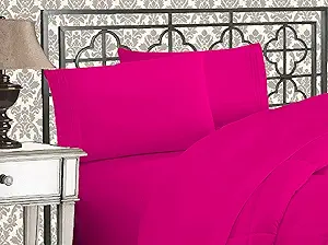 Elegant Comfort Luxurious 1500 Premium Hotel Quality Microfiber Three Line Embroidered Softest 4-Piece Bed Sheet Set, Wrinkle and Fade Resistant, Twin/Twin XL, Hot Pink