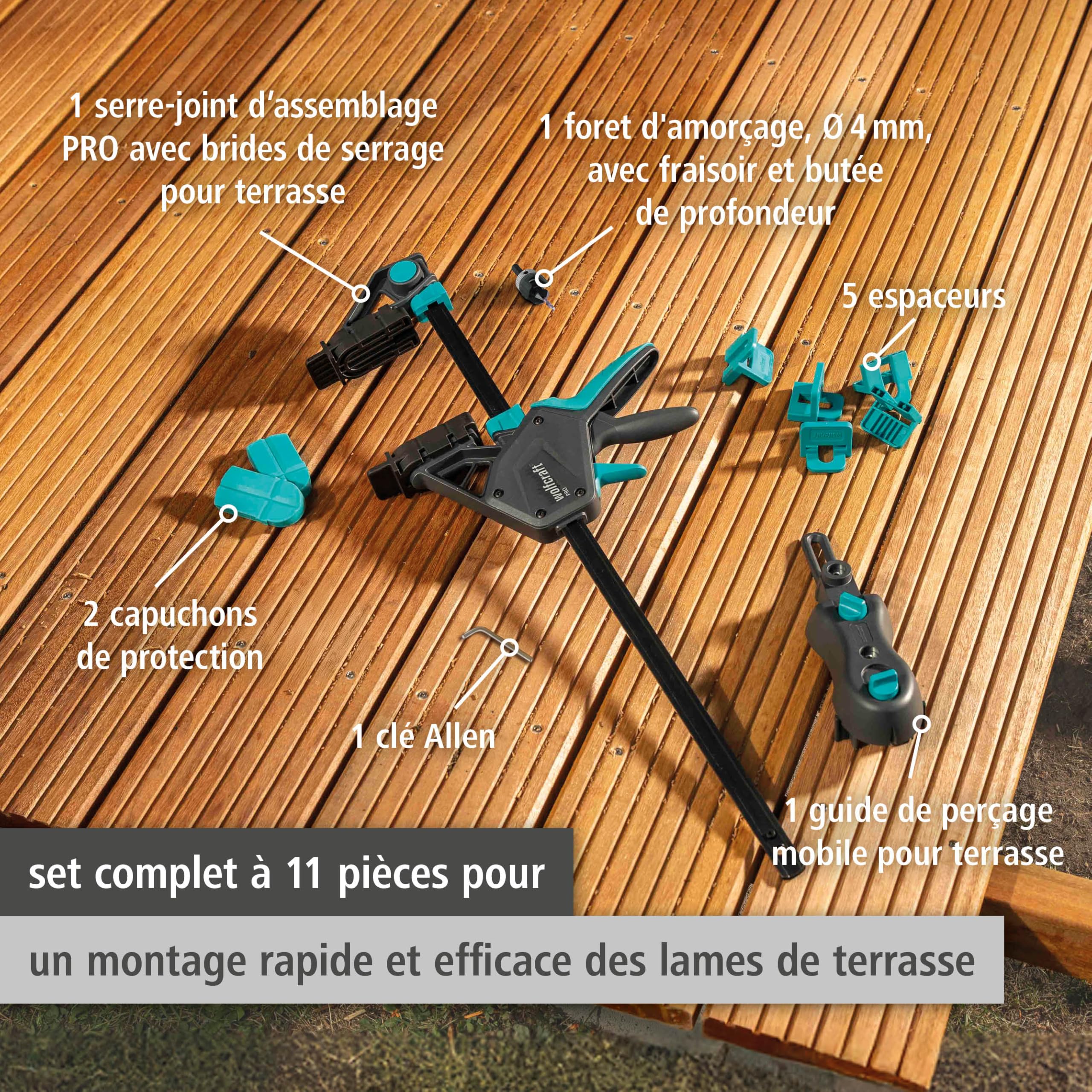 Wolfcraft Kit de construction de terrasse 11 pièces - Serre-joint, Patins, Espaceurs, Guide de perçage, Foret, Clé Allen