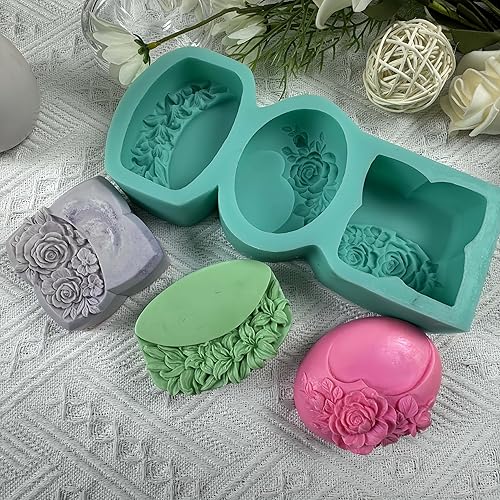 Miniatura 2 de Molde de silicona para jabón de múltiples cavidades, un molde de silicona para hacer 3 diferentes flores de jabón de rosas, moldes de resina de yeso
