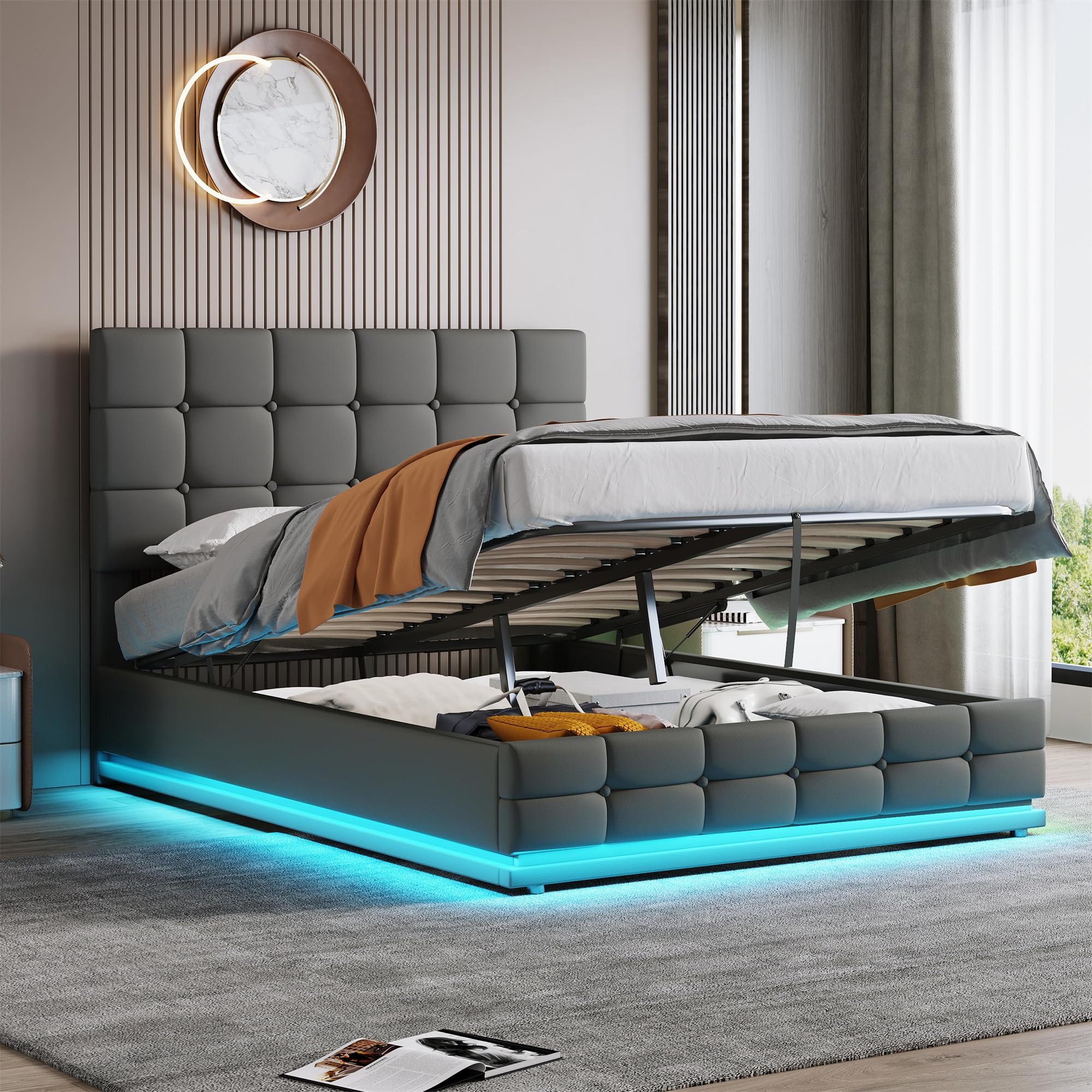 ModernLuxe 4ft6 LED Ottoman Double Bed,PU Leather Upholstered Bed Frame with Hydraulic Storage, Adjustable Headboard, No Box Spring Needed (No Mattress) Grey - 135x190cm — image 1