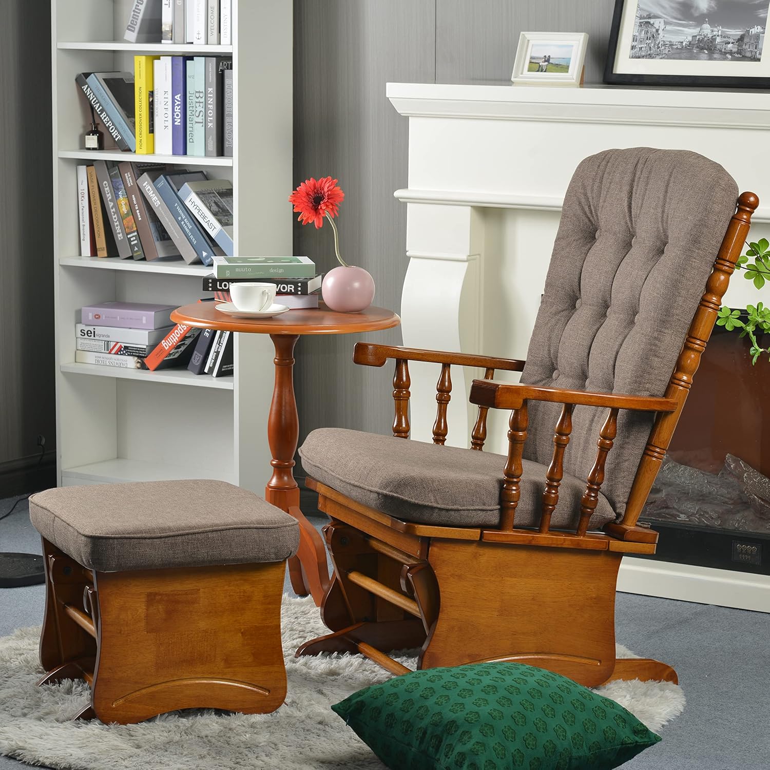 Anti-Pinch Hand Glider Chair for Nursery with Ottoman, Resistant Rubber Wood Glider Rocking Chair Sets for Nursing, Relaxing, Living Room, Bedroom, Antique Brown