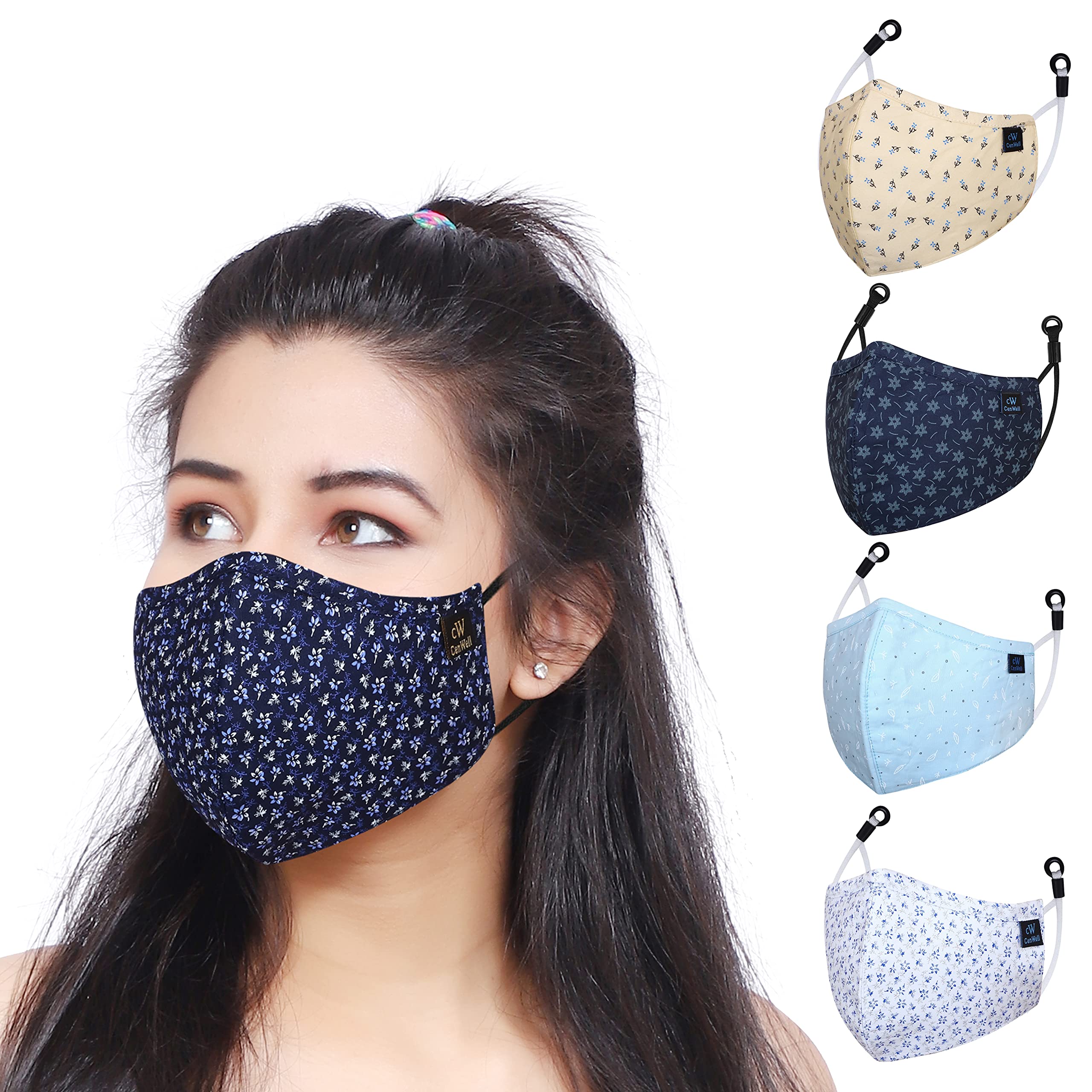 5 Pcs Pure Cotton Face Mask with Nose Pin, Melt Blown Layer, Adjustable Ear Loop & Ear Saver Strap, Reusable Washable Fabric Mask For Men & Women