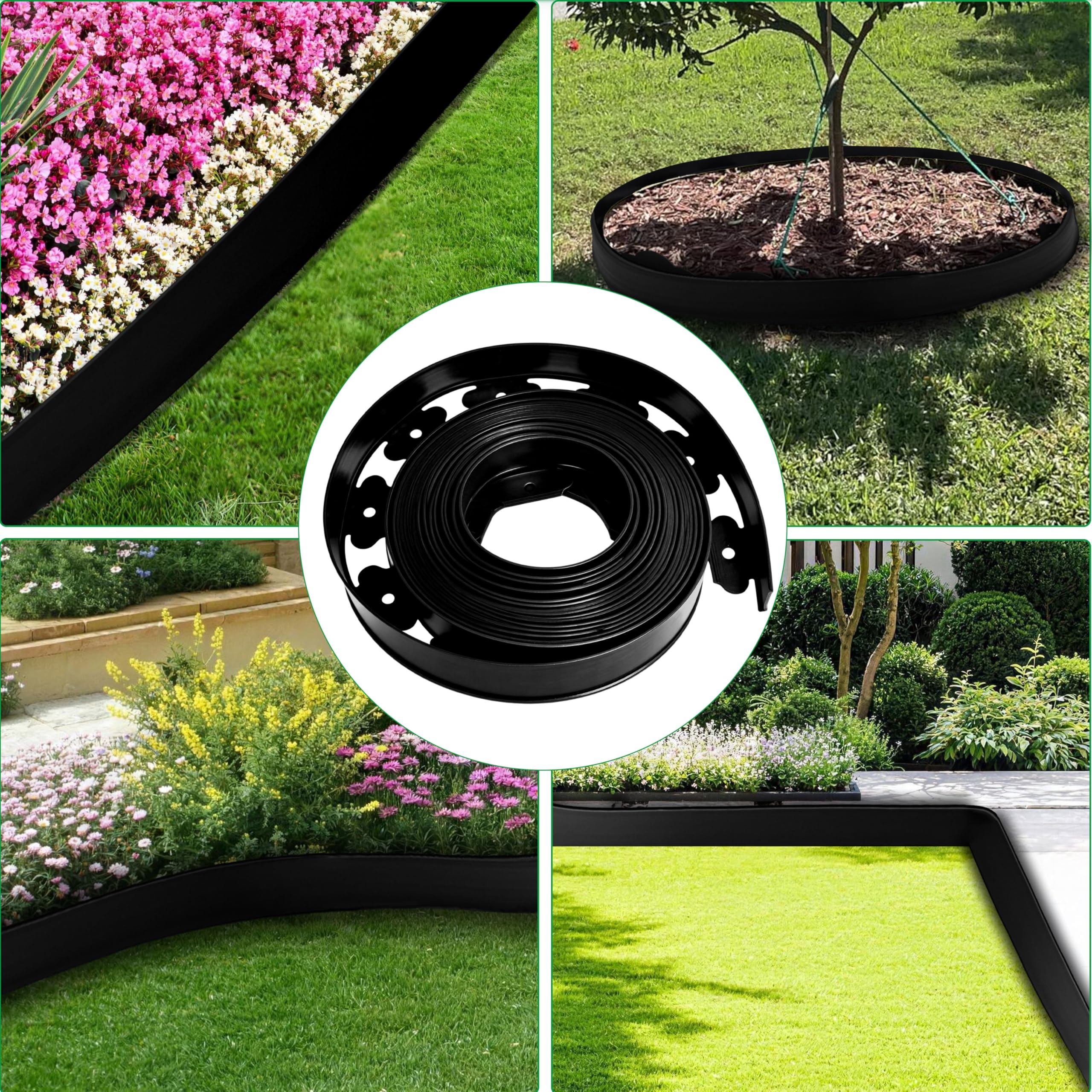 Bordure de Jardin Flexible 10cm,Longueur 10m,Bordure Jardin Exterieur Plastique,avec 30 piquets et 2 connecteurs + 1 Marteau (Bord Lisse, 10cmx10m)