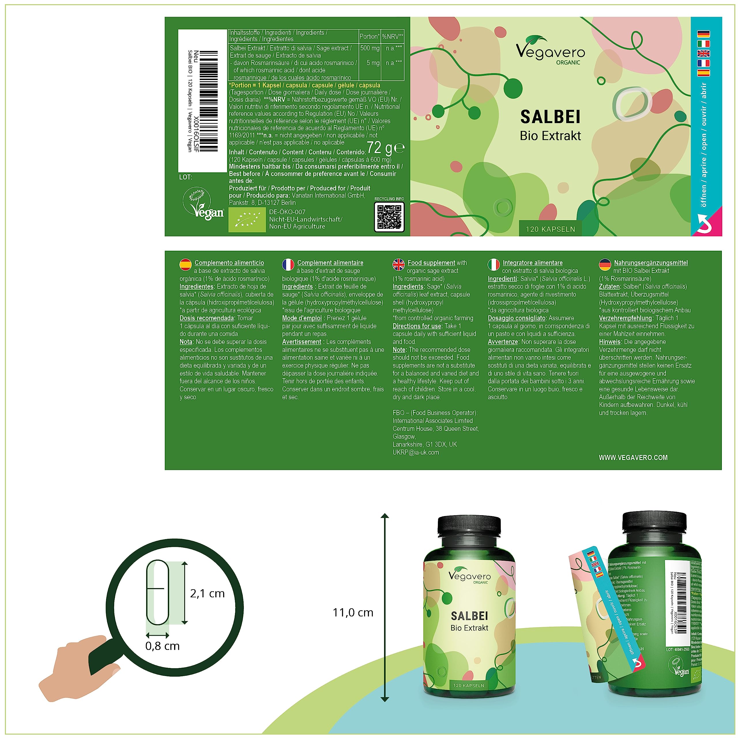 Bio Salbei Kapseln Vegavero | Mit 1% Rosmarinsäure | 500mg Extrakt pro Einheit | aus Frankreich | Starkes Schwitzen | Hitzewallungen Wechseljahre | 120 Stück | Vegan