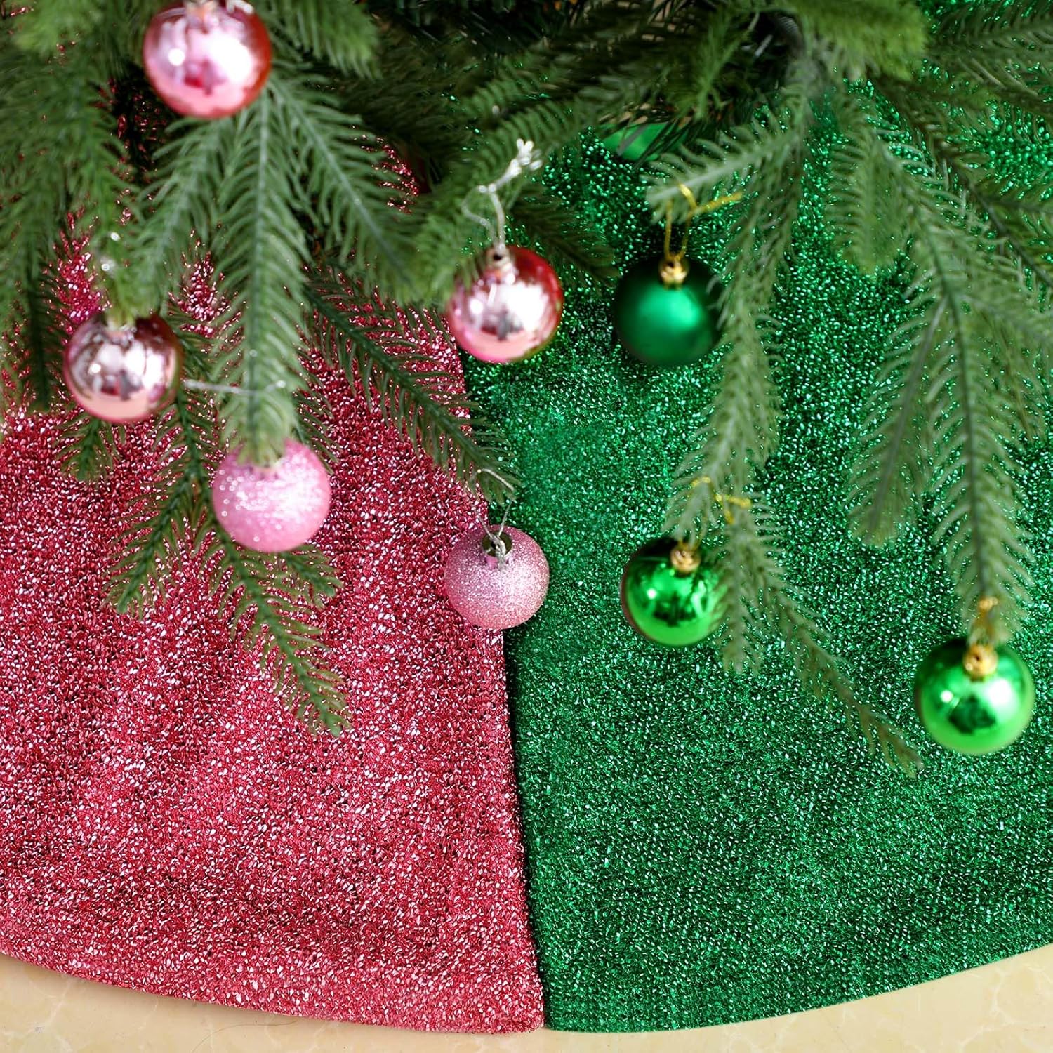 Civaner 54 Pcs Witch Christmas Tree Decoration Pink and Green Christmas Ornaments 2 Xmas Tree Skirt Stand 48 Ball Ornament 2 Light String 2 Ribbon Xmas Decor for Decorative Holiday Party Supplies