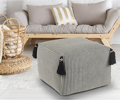 Miniatura 135 de L.R. Resources Inc LR Home Puf otomano de transición de poliéster gris/marfil para decoración del hogar | Reposapiés hecho a mano para decoración de