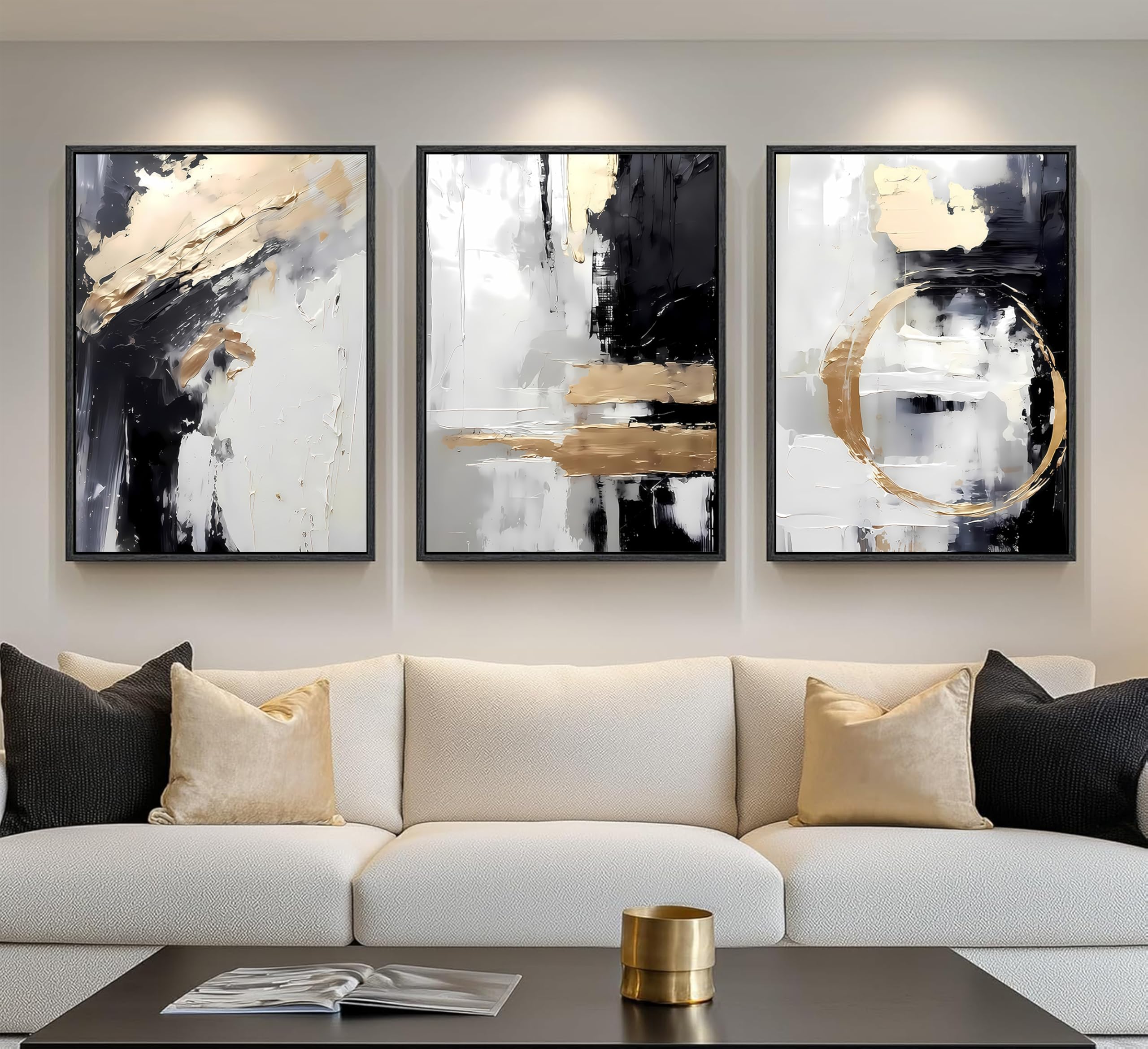 3-teiliges Set Leinwandbilder in Schwarz und Gold mit abstrakten geometrischen Texturen und Stuckoptik, modernes, minimalistisches Beige für Wohnzimmer, Schlafzimmer und Badezimmer