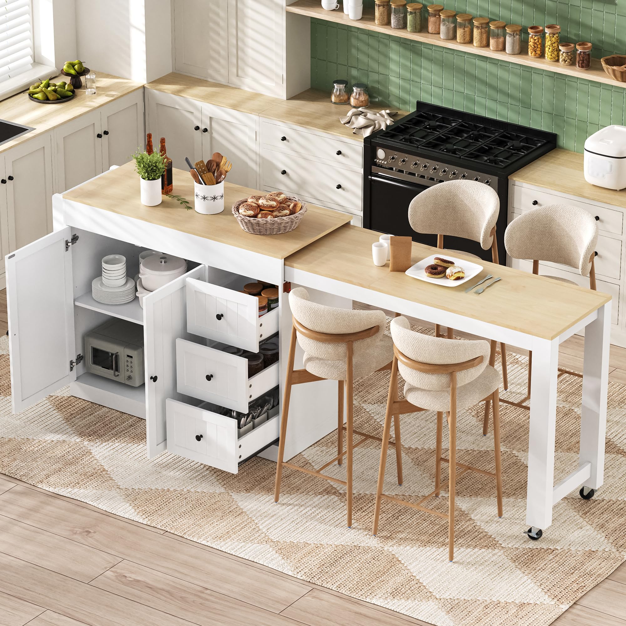 TIZZ Isola della cucina su ruote, zona pranzo allungabile isola cucina con portaspezie e cassetti, mobile autoportante, ideale per cucina e sala da pranzo (bianco)