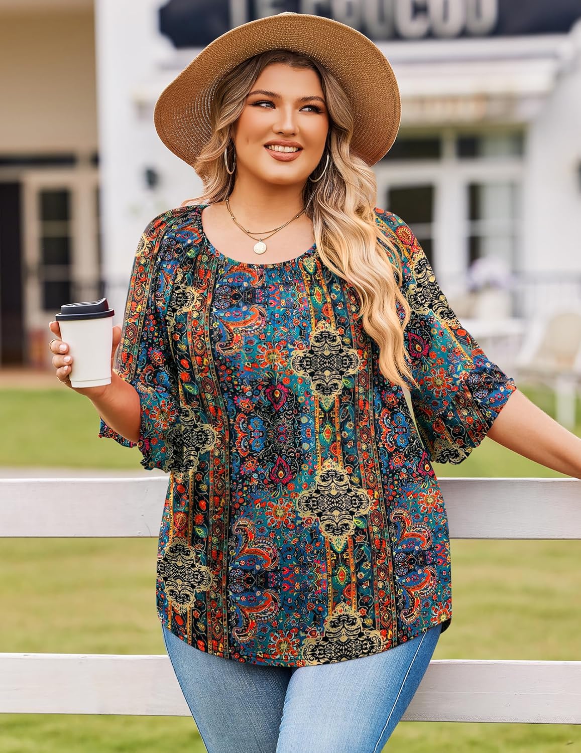 IN'VOLAND Plus Size Tops for Women 3/4 Sleeve Shirts Dressy Casual Crew Neck Blouse Spring Summer Clothes - Image 2