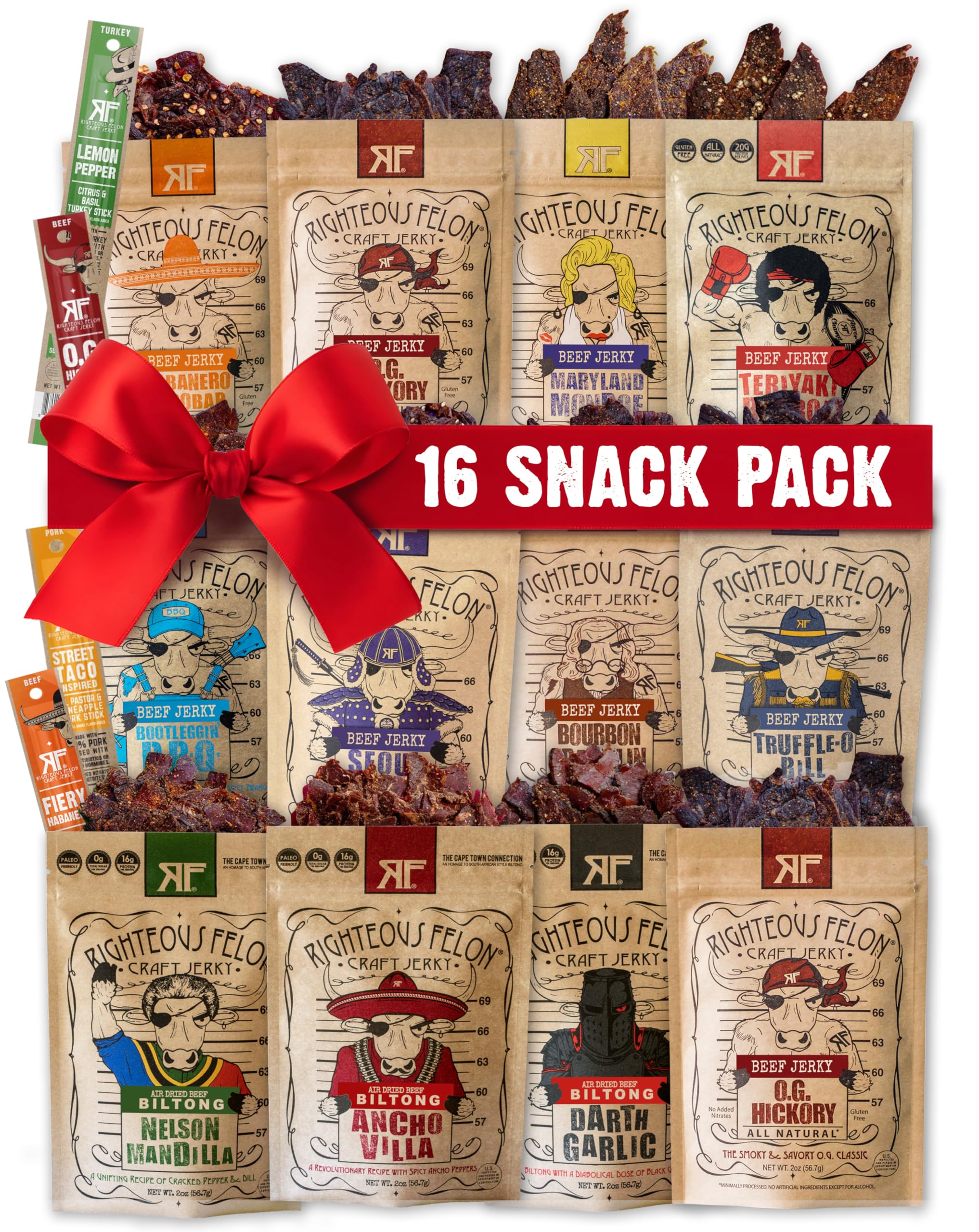 Righteous Felon Beef Jerky & Meat Sticks Variety Pack | Gifts for Men | High Protein, Keto, Low Sugar | Made with Premium Meats | Gluten Free Beef Jerky Snack Packs | Whole Shebang 16 Pack
