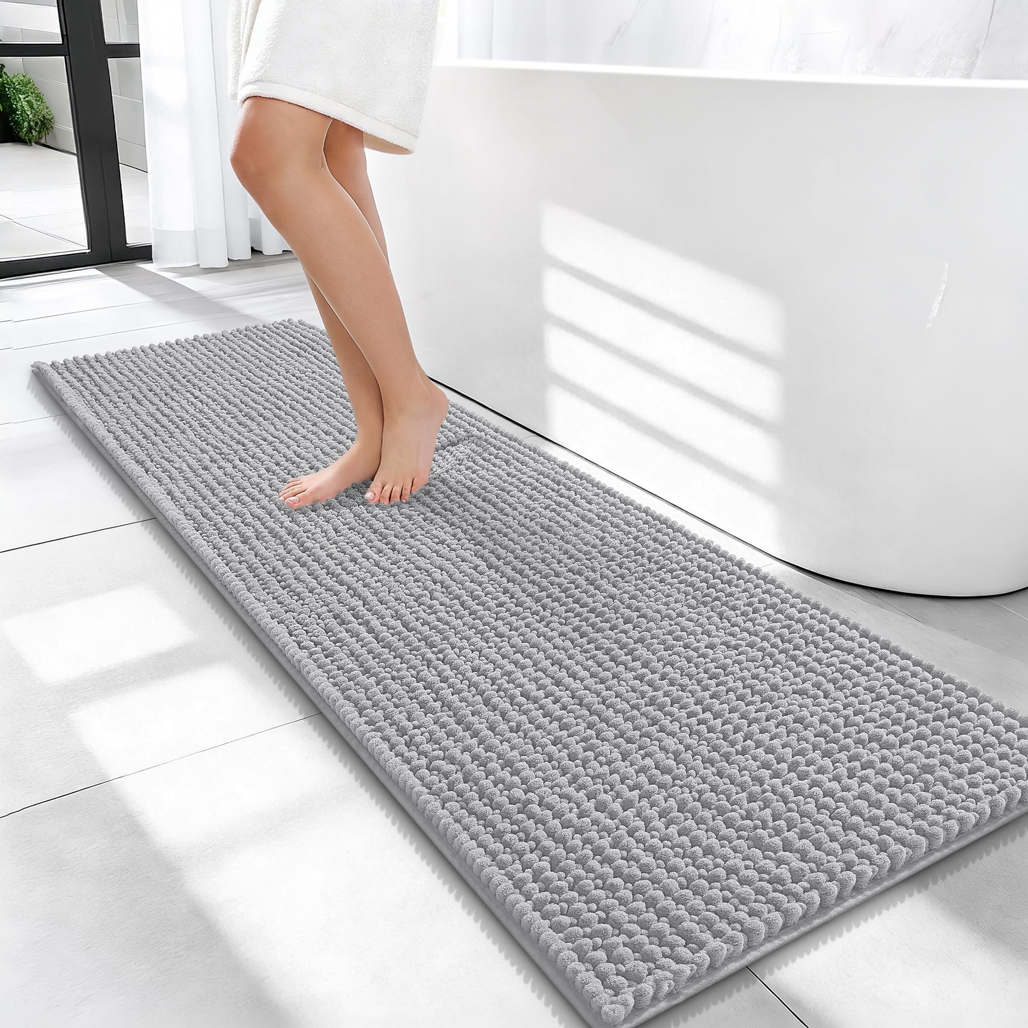 OLANLY Thick Chenille Bathroom Runner Rugs Mats 47x17, Light Grey