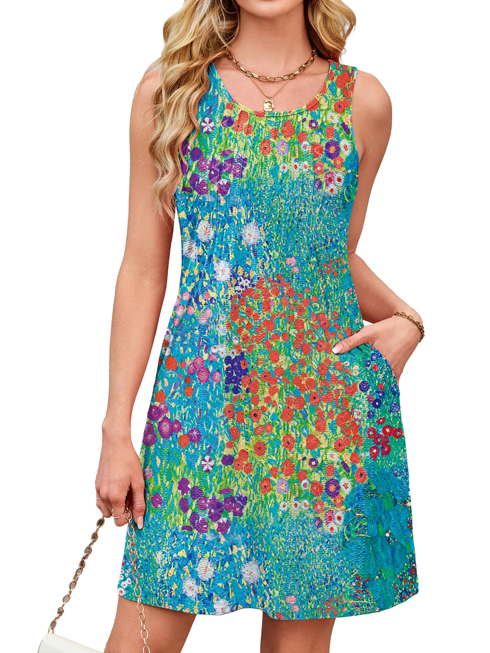 Kikibell Summer Dresses for Women 2025 Eyelet Swimsuit Coverup Casual Sleeveless Sundresses Beach Tank Dress with Pockets