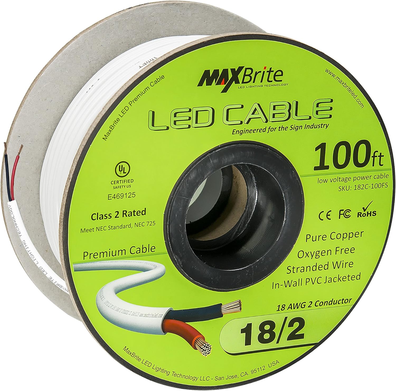 100 ft. 18AWG Low Voltage LED Cable 2 Conductor White Sleeve in-Wall Speaker Wire UL Listed Class 2 Certified
