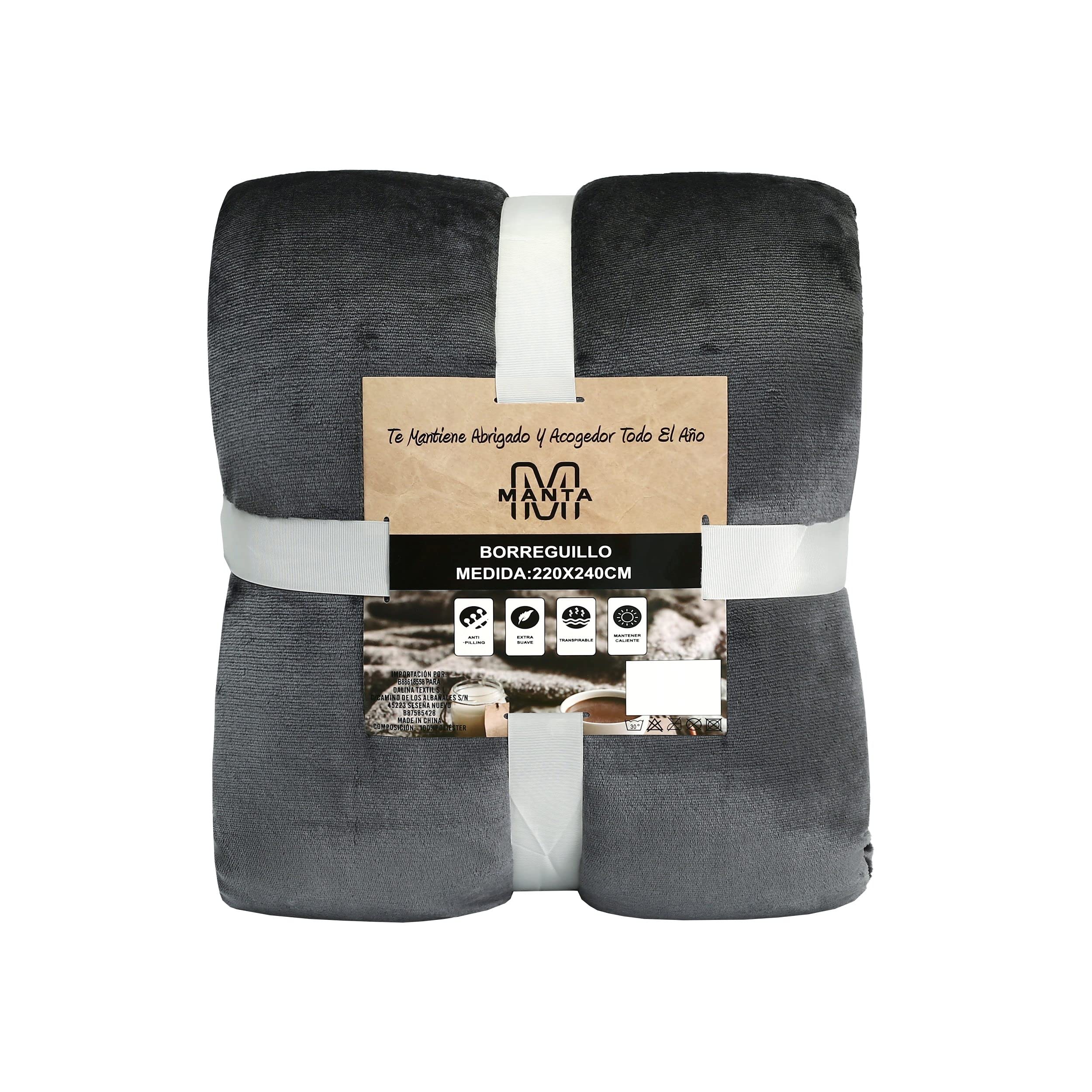 DALINA TEXTIL S.L Manta de Franela y Borreguito Suave 220x240 cm | Gruesa para Sofá Cama Invierno | Reversible y Abrigada | Gris Oscuro